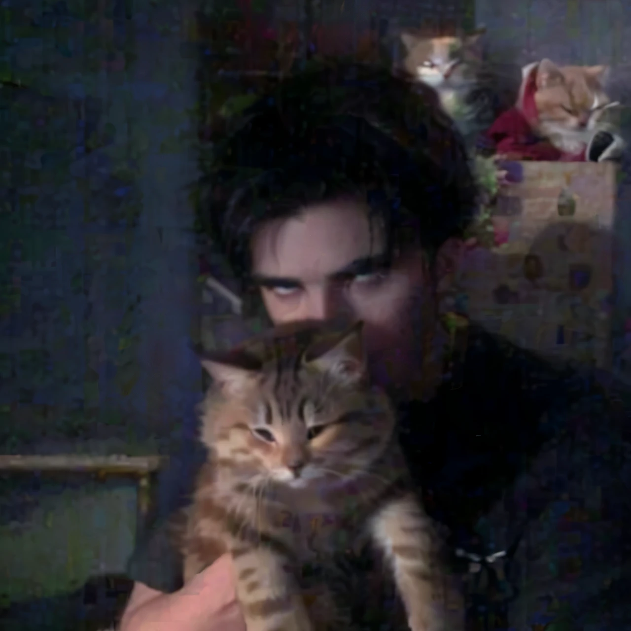 there is a man sosteniendo un gato in his arms, sosteniendo un gato, around 19 years, imagen de muy muy baja calidad, with a small cat on his lap, Jesus holding a cute cat, Chico emo con orejas y cola de gato., chica emo y su gato, gato demonio, foto de gato, foto de perfil, El dios oscuro de los gatos, foto muy precisa, foto de baja calidad