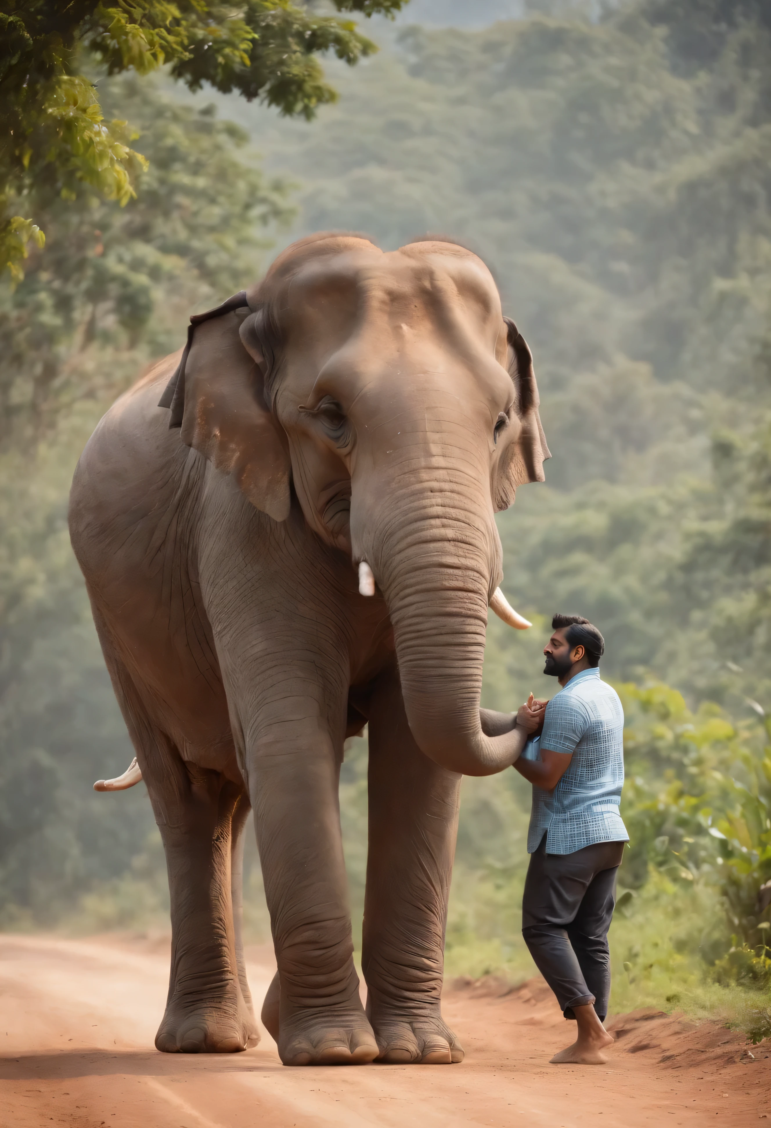 realistic, ultrarealistic, elephant wearing streetwear clothes, western ghats village, with some trees in background, south india behind, (large muscles), muscular arms, (small head), south India kerala, streets, Titan soft lighting, Hyper realistic, soft-lighting, foggy morning, peaceful ambience, south Indian man walking with elephant, street sides with kerala type house
