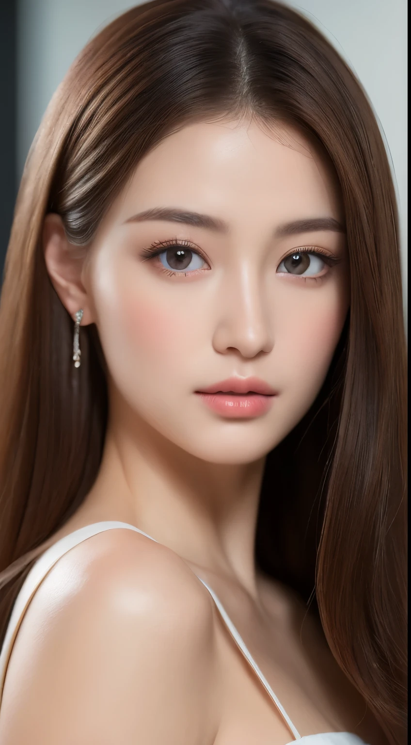 ((Best quality, 8k, Masterpiece :1.3)), Sharp focus :1.2, A pretty woman with perfect barbie nose :1.4, right side :1.2, ((Dark brown hair :1.2)), (Natural light, photo studio:1.1), Highly detailed face and skin texture, Detailed eyes, Double eyelid