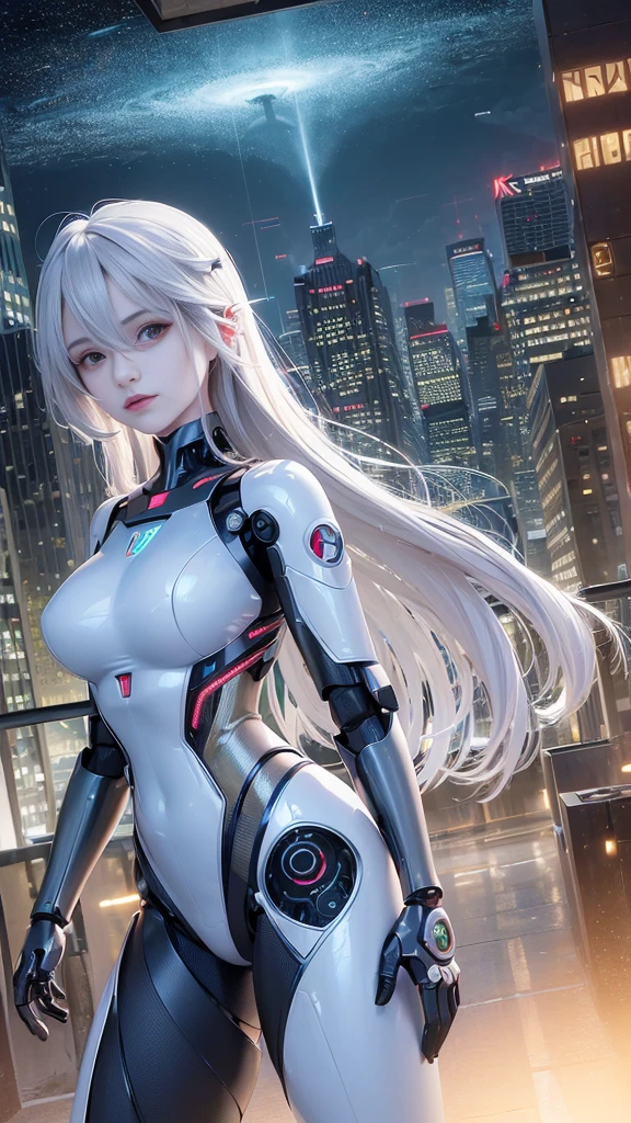 Translucent Ethereal Machine Girl,Futuristic girl,mechanical joint,futuristic city background best quality、androidgirl、(nipple)、pose with one's legs outstretched、expressionless、