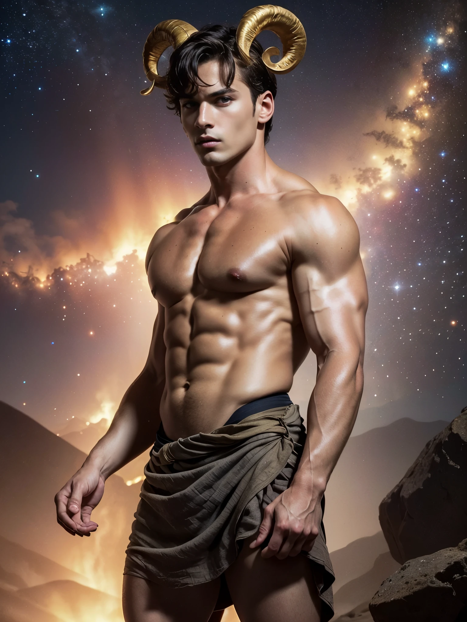 Photorealistic, ((best quality)), ((masterpiece)), (detailed),masculine portrait of Aries, (wild sheep perfect horns:1.4 personificatioin of Aries, fully naked, nude, side view, muscule, ripped, strong body, fit body, 1boy, lava, volcano, constellations, mars, galaxies, 8k, high detailed, ultra-detailed, Stylish Pose, real skin texture, dark cinematic lighting, 18-year-old male model, handsome, tall, cute looking, evil look, dark look, powerful, a young male handsome model, super strong, muscular, fit, massive muscles, six pack, clean shave, blue eyes. short messy brown hair, messy hair, ancient linen Greek small skirt, linen antique draped cloth skirt, ancient outerspace, constellation, galaxies, stars in the background
