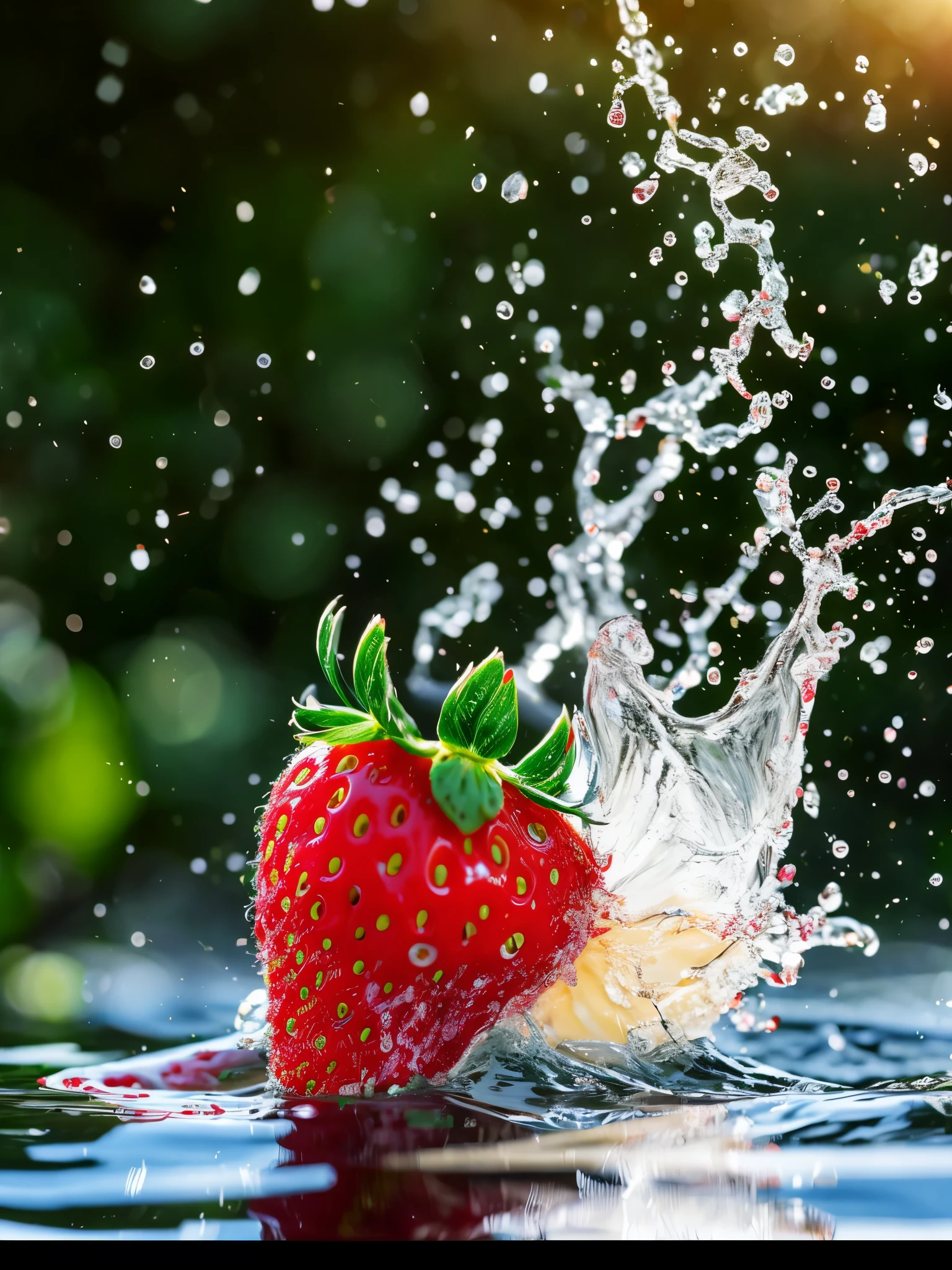 strawberry, splash water, flashing particles , depth of field, clean background