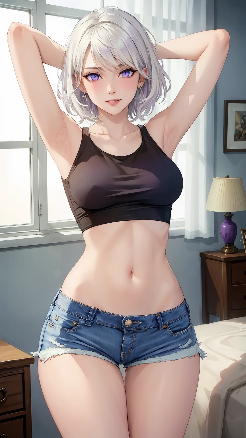 ((((masterpiece, best quality, high resolution)))), (1girl:1.5), ((short hair, white hair, purple eyes, sharp eyes)), (average breasts:1.2), blush, (light smile, parted lips), glow, thighs, bare shoulders, collarbone, narrow waist, (slender body figure), (beautiful detailed face, beautiful detailed eyes), ((white crop top, see through material, jeans shorts)), (stretching, arms up), looking at viewer, bedroom, (cowboy shot)