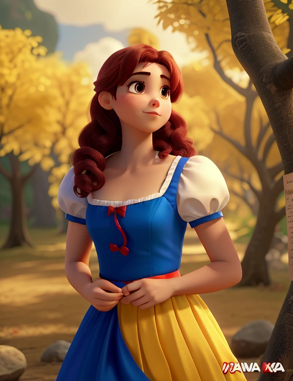 de 9 anos ,short medium hair with red bow on top of head,vestida de Branca de Neve no estilo Disney Pixar, alta qualidade, melhor qualidade
