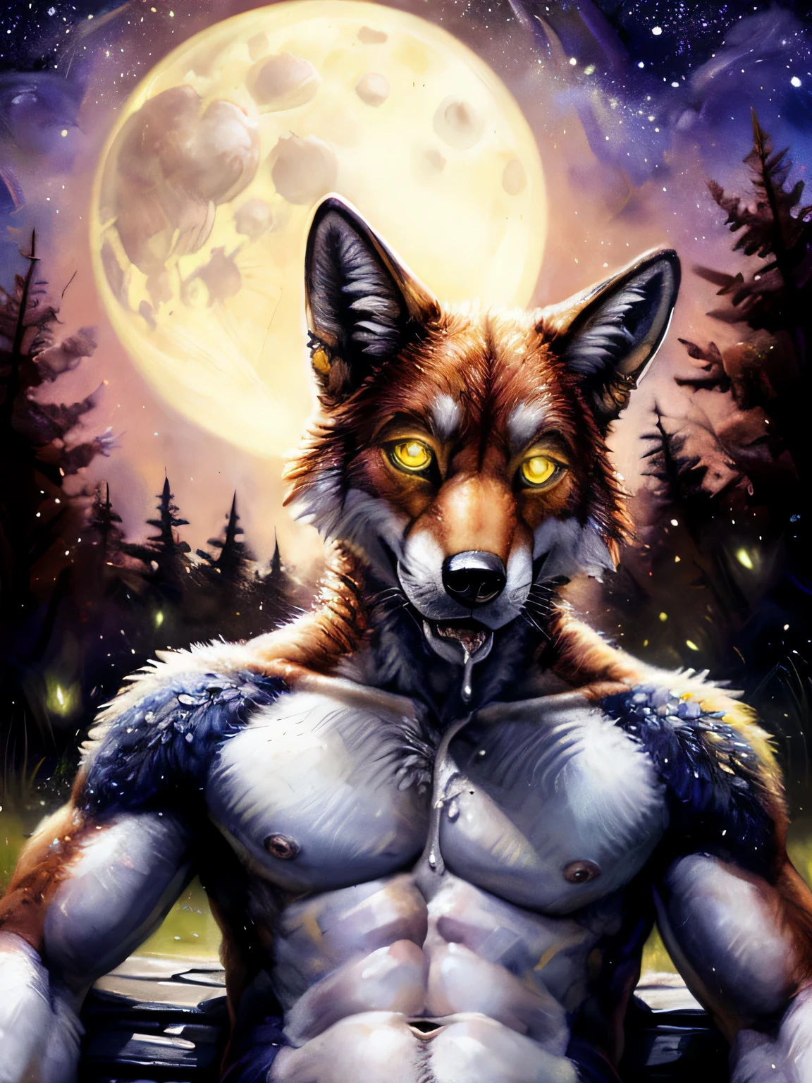 solo, male, (slim), (male anthro fox):1.3, grey body, white belly, (laying on back):1.3, ((night)), detailed eyes, fox tail, naked, ((body portrait)), (detailed eyes, glowing eyes):1.1, (outdoors:1.35),  forest, moon light, night, (particles ,firefly, blue glowing):1.3,  detailed background, photorealistic, realistic hands, 8k HD,(dark shadows, wide dynamic range, hdr, low light:1.2), by (by Pino Daeni, (by ruaidri), (by virtyalfobo), (by Kenket). being fucked in the ass, pov, cum, leaking cum, ((penis on ass))