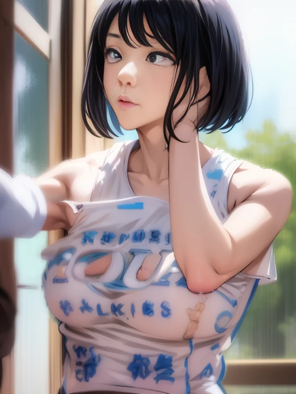 「highest quality、masterpiece、An illustration、very delicate and beautiful、very detailed、cg、8k wallpaper、wonderful、small details、masterpiece、最高の究極の芸術very detailed cg Unity 8k wallpaper」、japanese girl、(((huge breasts 1:1)))、(((Super Big 1:1)))、(((Pee)))、(((that&#39;stuck out)))、(((transparent nipples)))、(((huge nipples)))、(((white gym uniform)))、(((white and blue volleyball uniform))、(((black hair)))、(((short hair)))、(((No sleeve)))