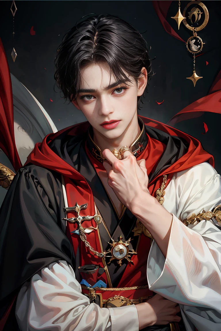 masterpiece, 最high quality, high quality, 1 boy, alone, male focus, looking at the viewer, whole body, victory_destiny, messy black hair, blue adorable big eyes, white people, Noble, noble, noble的な吸血鬼、Large red and black cloak with collar, 18-year-old,Cute Beautiful Boy