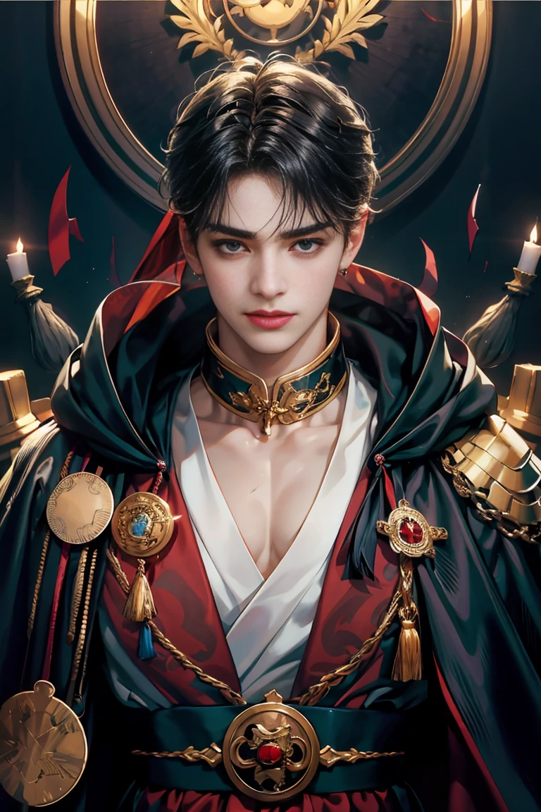 masterpiece, 最high quality, high quality, 1 boy, alone, male focus, looking at the viewer, whole body, victory_destiny, messy black hair, blue adorable big eyes, white people, Noble, noble, noble的な吸血鬼、Large red and black cloak with collar, 18-year-old,Cute Beautiful Boy