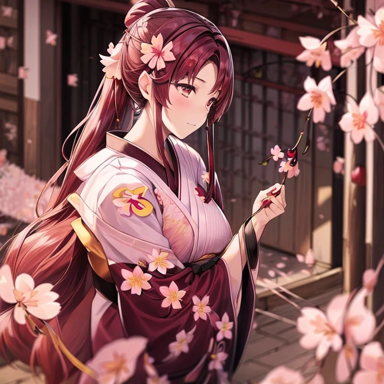 1 girl、background blur、branch、brown hair、long hair、high ponytail、dappled sunlight、flower、hair ornaments、kimono、kimono、leaf、(cherry blossoms:1.9)、band、outdoor、band、solo、sunshine、