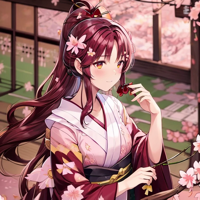 1 girl、background blur、branch、brown hair、long hair、high ponytail、dappled sunlight、flower、hair ornaments、kimono、kimono、leaf、(cherry blossoms:1.9)、band、outdoor、band、solo、sunshine、