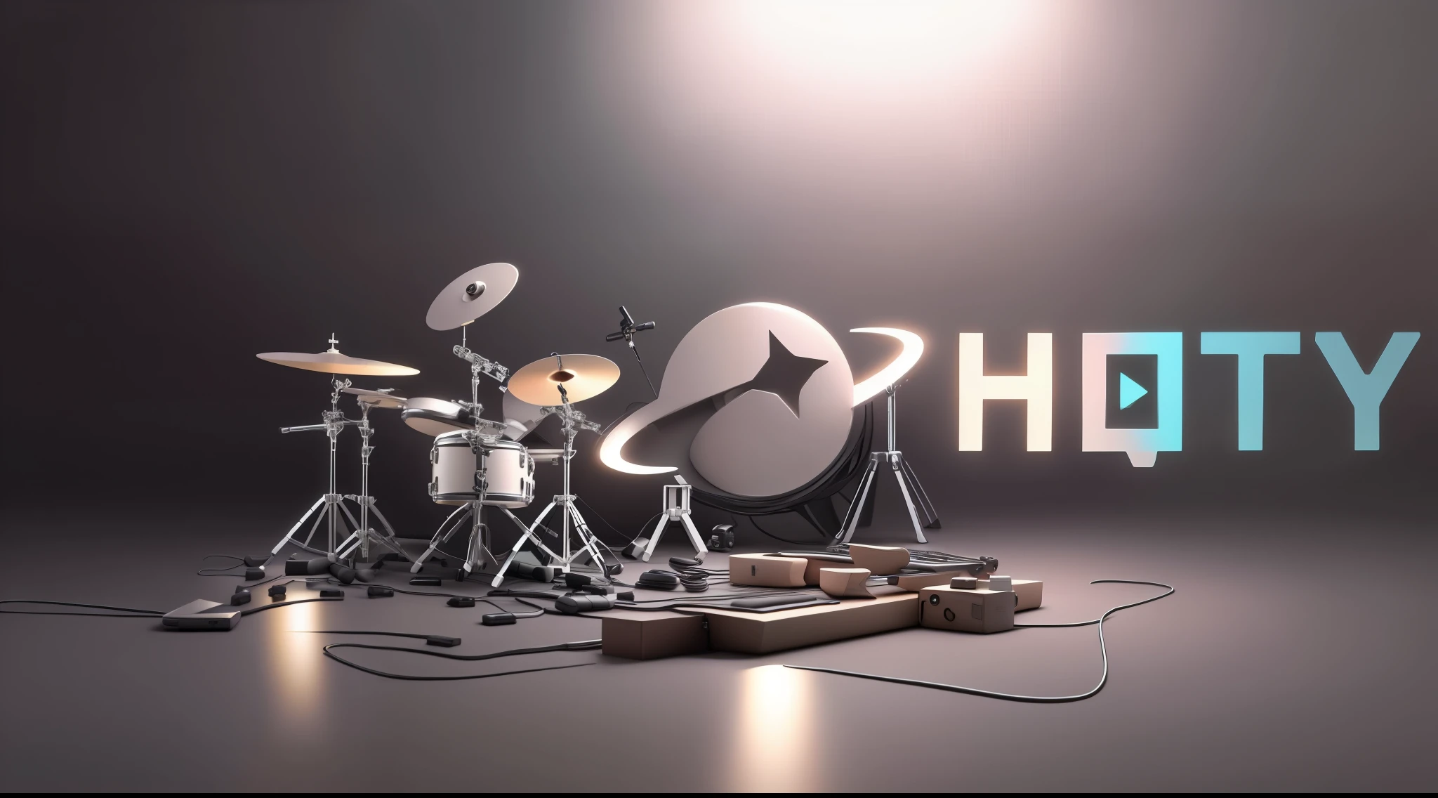 simple background，masterpiece，best quality，Super detailed，microphone，Small stage，band，microphone，guitar，Drum kit，Audio，keyboard