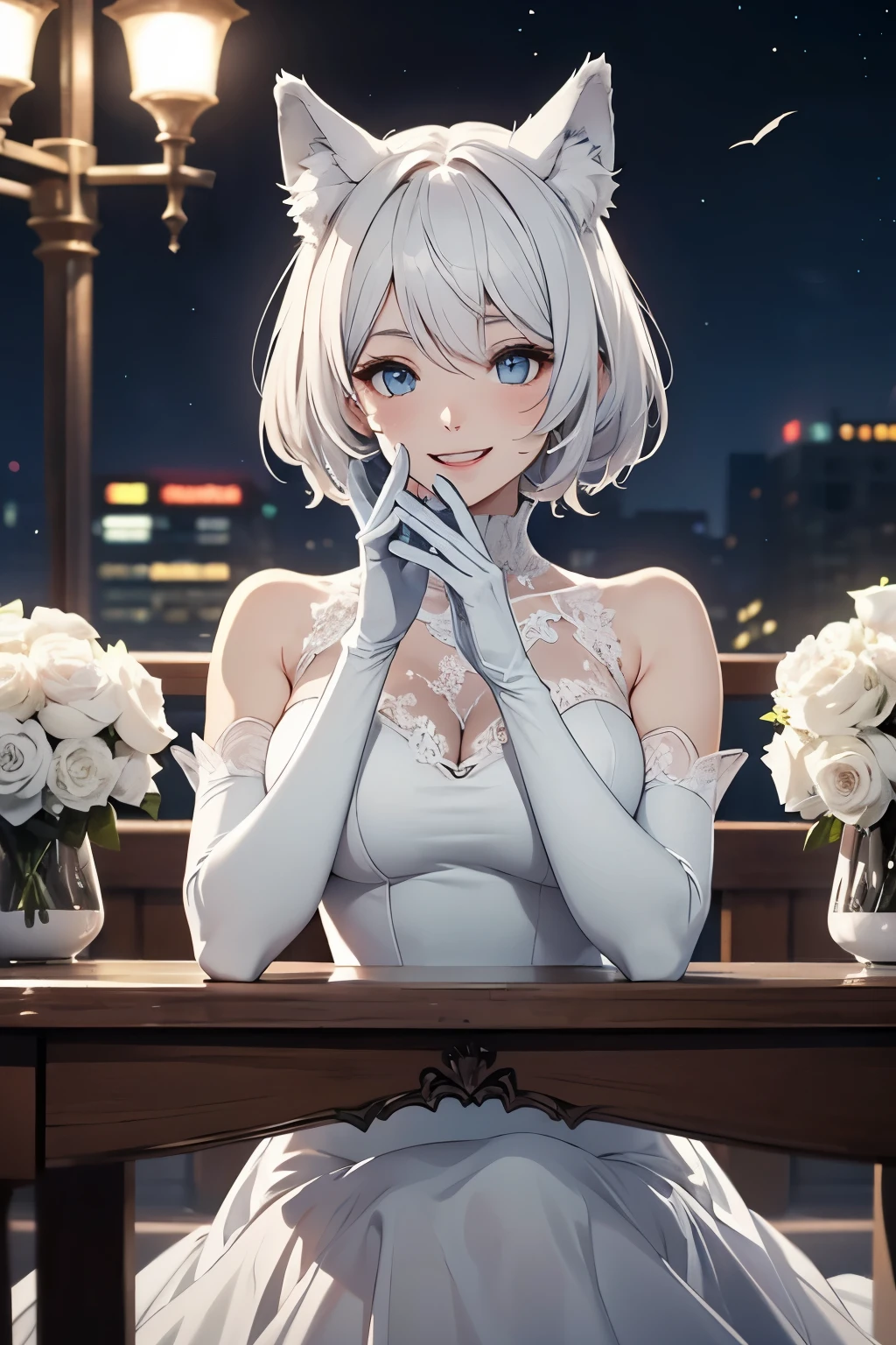 masutepiece high-level image quality Top image quality 8K Adults Lady(Soio) Portrait White Long Gloves((blanche)(Long gloves)) white panty hose((blanche)) leotard((Tube Top)blanche)) Wolf ears shorth hair((short-cut)(White hair)(perm)(fluffly)) Eye color is blue Face seducing((a smile)(Smile)) Background with(casino) Put your hand on your face