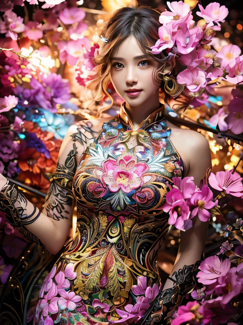 ((masterpiece、highest quality、genuine、Super detailed、High resolution、photogenuineistic、sharp focus、cinematic lighting))、Portrait of an amazingly beautiful woman、3/5 shots、official art、緻密で対称的なgenuineな顔、High resolutionの自然な質感、intricate details、multicolor、Highly colored、超genuineなテクスチャー、dramatic lighting、look at the audience、((Abstract fractal art background、zentangle、colorful、Floral))、(dynamic pose)、flower cheongsam dress、detailed hand drawing、shiny skin