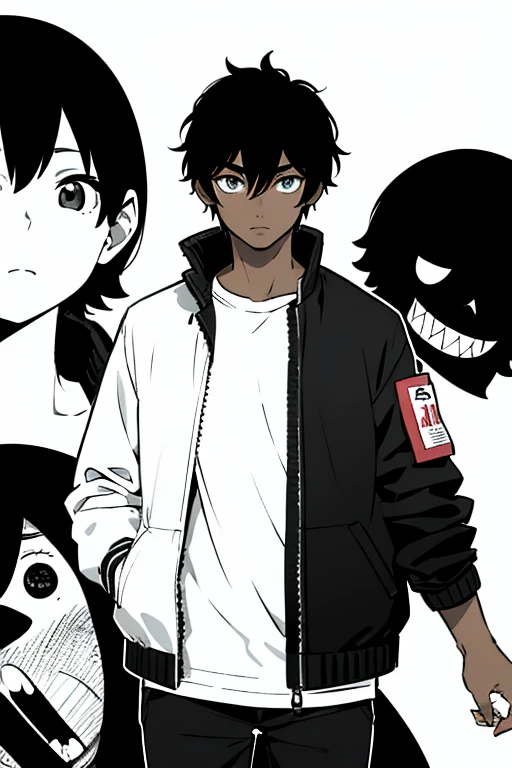 omori artstyle, dark skin, drawing, omori, middle part, bomber jacket, white background, boy