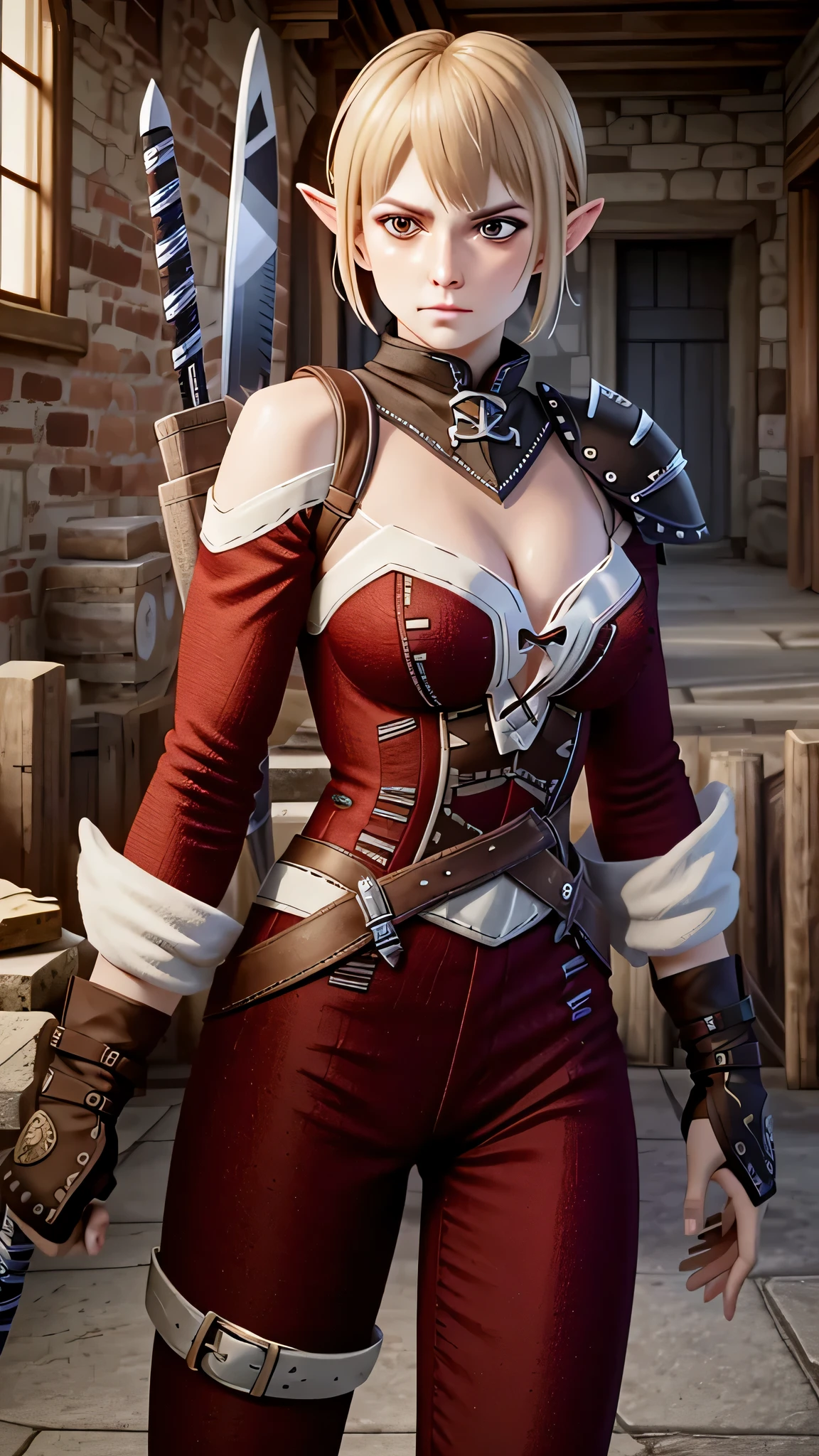 masterpiece, highest quality, RAW, analog style, a stunning photo of a DAISera, 1girl, solo, blonde short hair, pointy ears, blue eyes, ((sexy red rogue outfit)), gauntlets, ((wields blades)), (highly detailed skin, skin details), full body view, sharp focus, 8k UHD, DSLR, high quality, film grain, Fujifilm XT3, frowning, intricately detailed, highly detailed, cluttered and detailed background