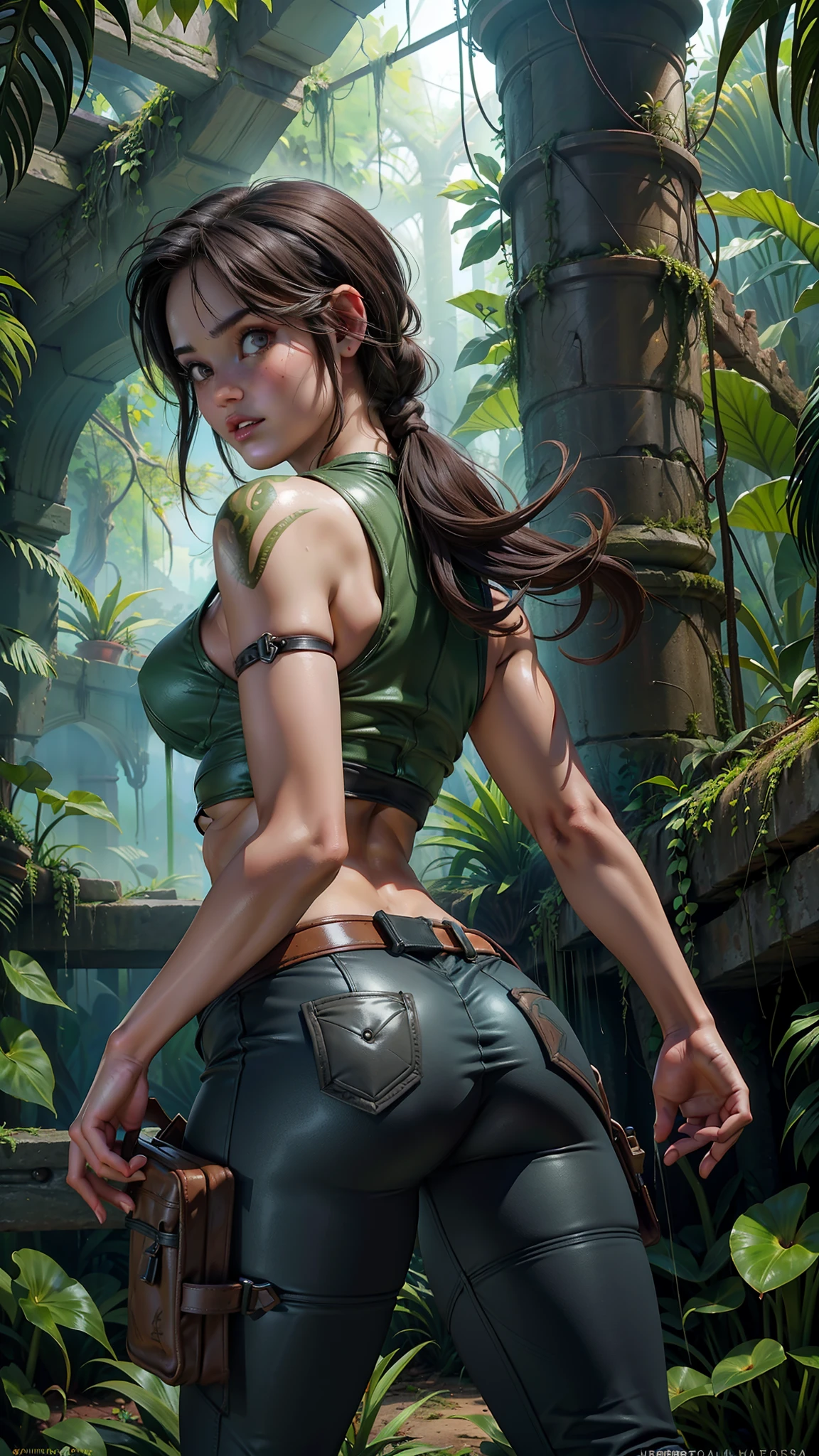 (rear view, backside view),(La mejor calidad,A high resolution,Ultra - detallado,actual), Lara Croft, ciudad en ruinas en la jungla, empapado,More detailed 8K.motor irreal:1.4,UHD,La mejor calidad:1.4, fotorrealista:1.4, textura de la piel:1.4, obra maestra:1.8,obra-prima, mejor calidad,objeto Objeto], (detailed face features:1.3),(Las proporciones correctas),(convexo Dedos detallados),(Ojos hermosos azules),(pose vaquero ),(Lara Croft de Tomb Raider vestuario), (background African jungle ruins carnivorous plants:1.4) ,(cabello trenza coleta) 