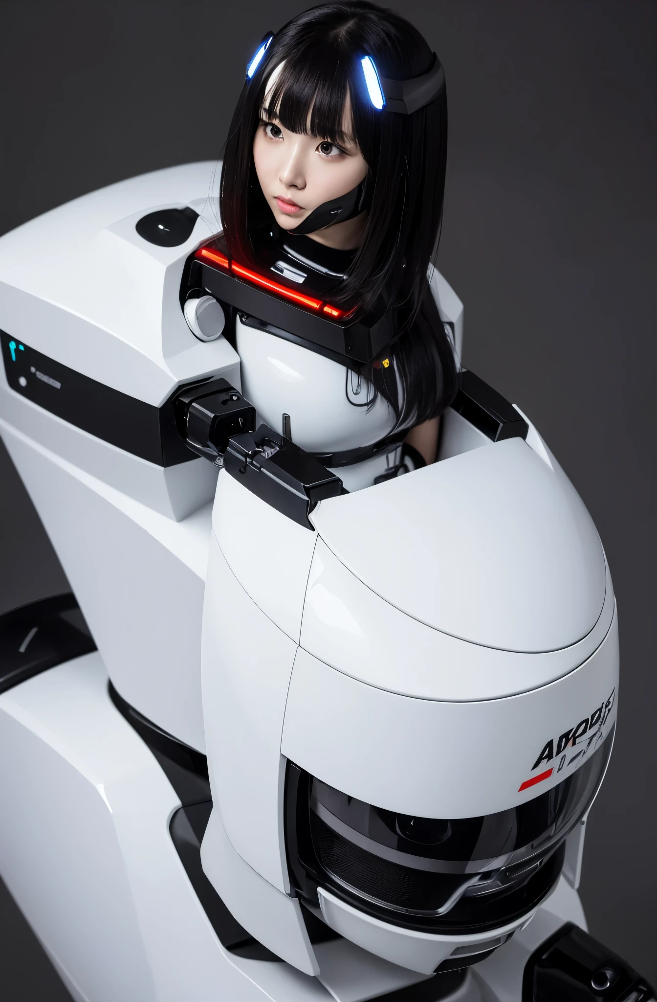 masterpiece, best quality, extremely detailed,  Japaese Cyborg girl,Plump , control panels,android,Droid,Mechanical Hand, Robot arms and legs, Black Robot Parts,Black hair,Mechanical body,Blunt bangs,White robotics parts,perfect robot girl,long tube,thick cable connected her neck,ceramic body ,mechanical body, mechanical ear cover, mechanical costume,android,robot,humanoid,cyborg,japanese android woman ,mechanical chest,full eyes,future laboratory,connecting a cable between the legs,