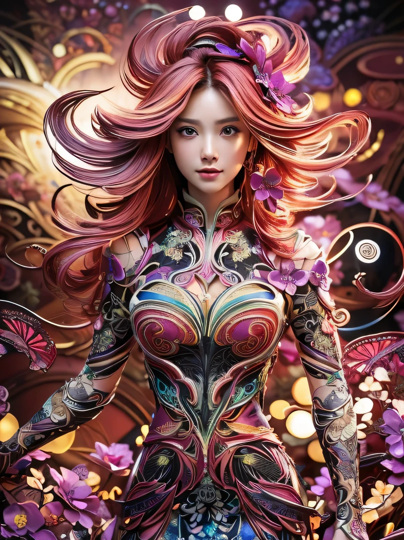 ((masterpiece、highest quality、genuine、Super detailed、High resolution、photogenuineistic、sharp focus、cinematic lighting))、Portrait of an amazingly beautiful woman、3/5 shots、official art、緻密で対称的なgenuineな顔、High resolutionの自然な質感、intricate details、multicolor、Highly colored、超genuineなテクスチャー、dramatic lighting、look at the audience、((Abstract fractal art background、zentangle、colorful、Floral))、(dynamic pose)、flower cheongsam dress、detailed hand drawing、shiny skin