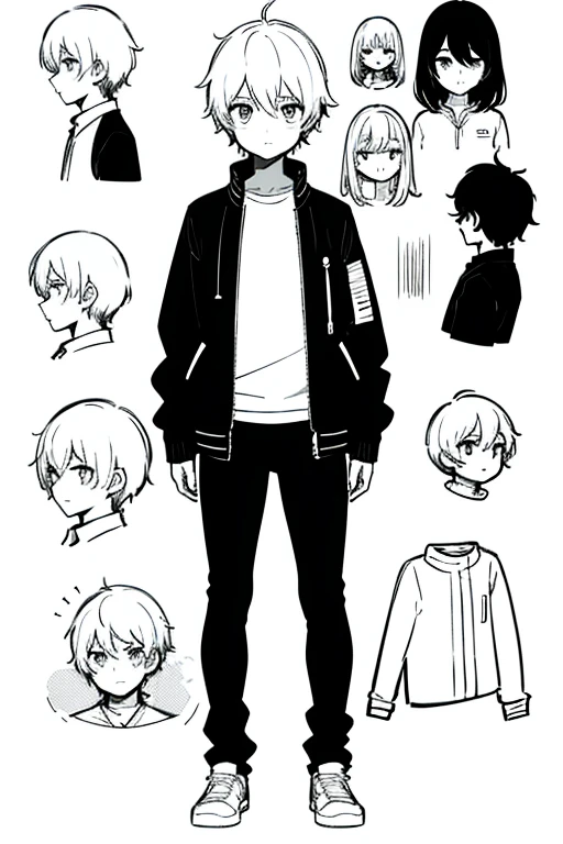 omori artstyle, dark skin, drawing, omori, korean middle part, bomber jacket, white background, boy, sketch, standing, looking at viewer, black paint in background