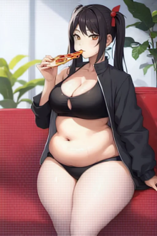 anime girl eating pizza on a red couch with a plant in the background, eating pizza, eating a pizza, munching pizza, hair ornament, seductive anime girl, detailed artwork, [ 4 k digital art ]!!, curvy, (tummy bulge), round belly, pudgy belly, greasy skin, low hanging black jacket, twin tails, black hair