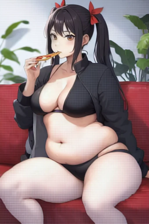 anime girl eating pizza on a red couch with a plant in the background, eating pizza, eating a pizza, munching pizza, hair ornament, seductive anime girl, detailed artwork, [ 4 k digital art ]!!, curvy, (tummy bulge), round belly, pudgy belly, greasy skin, low hanging black jacket, twin tails, black hair