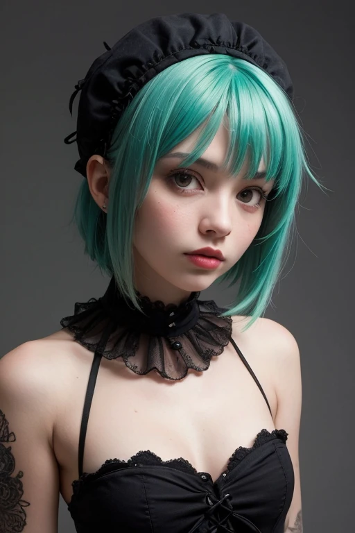 cute puffy goth girl, green bob hair, punk-rock ****ta, waist up portrait, fashion photography, no background,((best quality)), ((masterpiece)), (detailed), perfect face, full body portrait