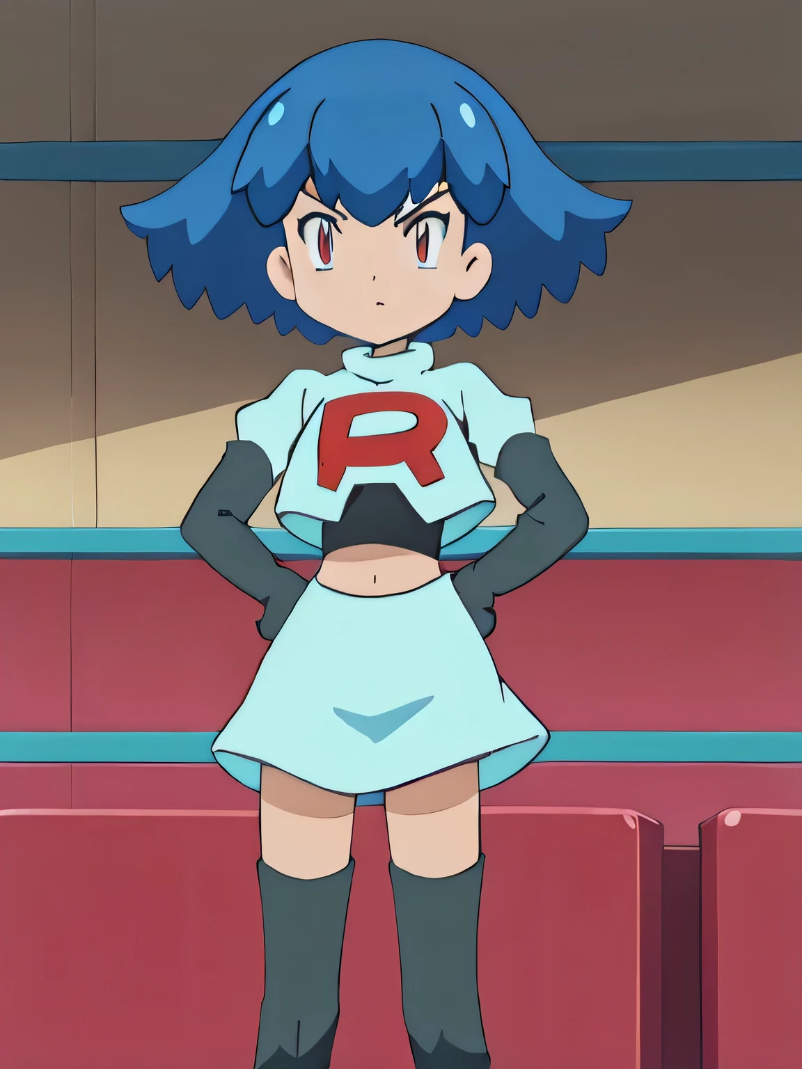 team rocket uniform, red letter r, white skirt,white crop top,black thigh-high boots, black elbow gloves, glaring angrily, looking at viewer, hands on hips, full body seen
