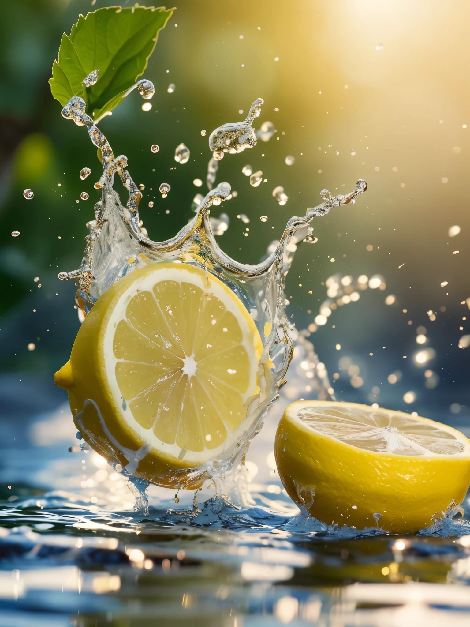 lemon, splash water, flashing particles , depth of field, clean background