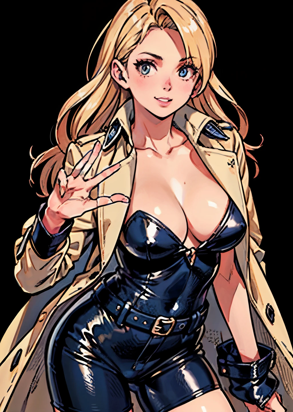 (best quality,4k,8k,highres,masterpiece:1.2),ultra-detailed,(realistic,photorealistic,photo-realistic:1.37),(cowboy shot),beautiful detailed eyes,beautiful detailed lips,extremely detailed eyes and face,long eyelashes,feminine,(blonde hair),long wavy hair,(professional,model-like:1.1) Sidelighting,((wink)),laugh,pose,(left-hand waving,graceful,elegant:nine),(long trench coat),(black-long boots),shoulder bag,(slim waist,grammar)