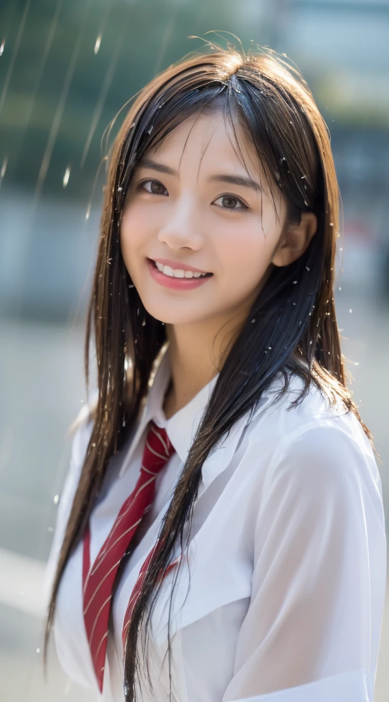 ((Top Quality, 8K, Masterpiece: 1.3)), (high detail: 1 in 1), (Focus on face),buttocks: 1.2, (Perfect Body Beauty: 1.4), ((Layered Haircut, Chest: 1.4)), (Rain:1.6), (in Street), (Wearing a (wet:1.4) white school Uniform with miniskirt and Loose Tie), Very detailed face and skin texture, narrow eyes, double eyelids, whitening skin, long hair, (Shut up: 1.3), smile,extra, real photo, psd, lamp film photography, sharp focus, contrast lighting, detailed skin, high resolution 8k, crazy detail, realistic, professional photography, 8k uhd, SLR camera, soft lighting, high quality, film grain, fujifilm XT3,