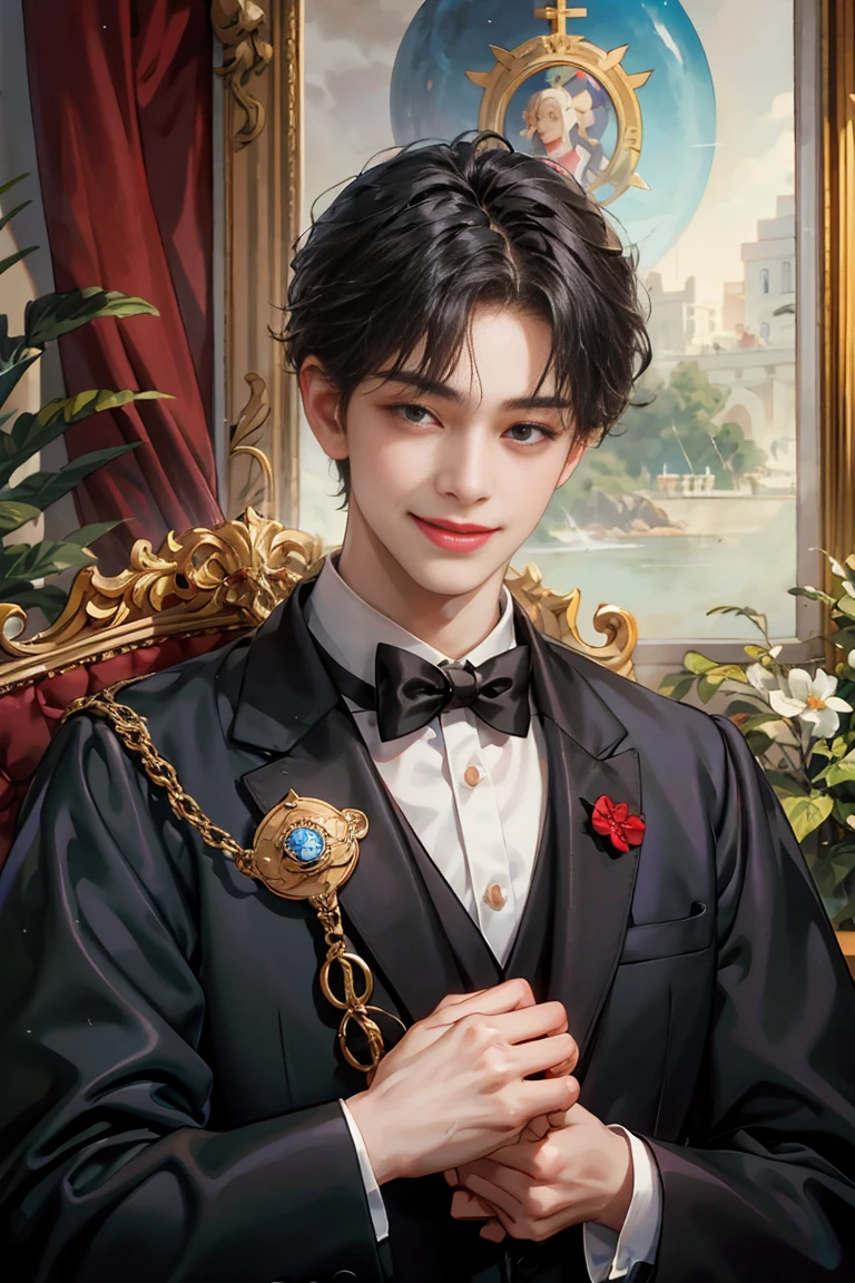 masterpiece, 最high quality, high quality, 1 boy, alone, male focus, looking at the viewer, whole body, victory_destiny, messy black hair, blue adorable big eyes, white people, Noble, noble, noble的な吸血鬼、Tuxedo,Large red and black cloak with collar, 18-year-old,Cute Beautiful Boy,shy smile