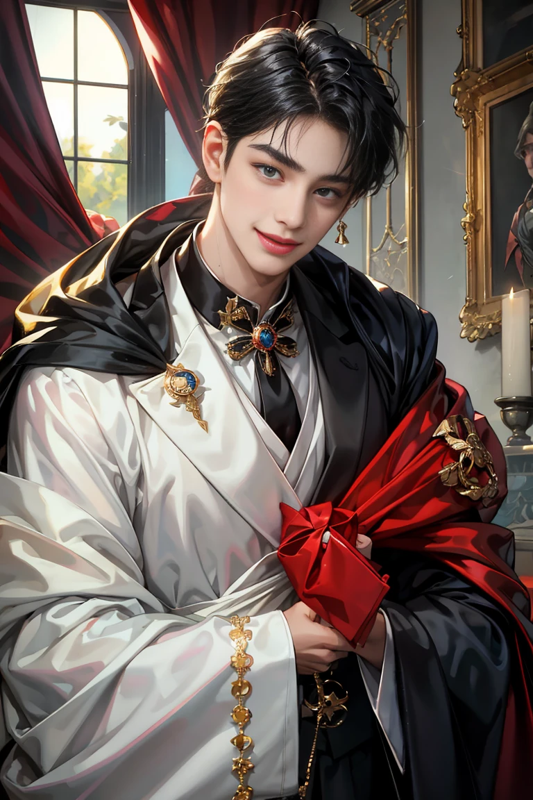 masterpiece, 最high quality, high quality, 1 boy, alone, male focus, looking at the viewer, whole body, victory_destiny, messy black hair, blue adorable big eyes, white people, Noble, noble, noble的な吸血鬼、Tuxedo,Large red and black cloak with collar, 18-year-old,Cute Beautiful Boy,shy smile