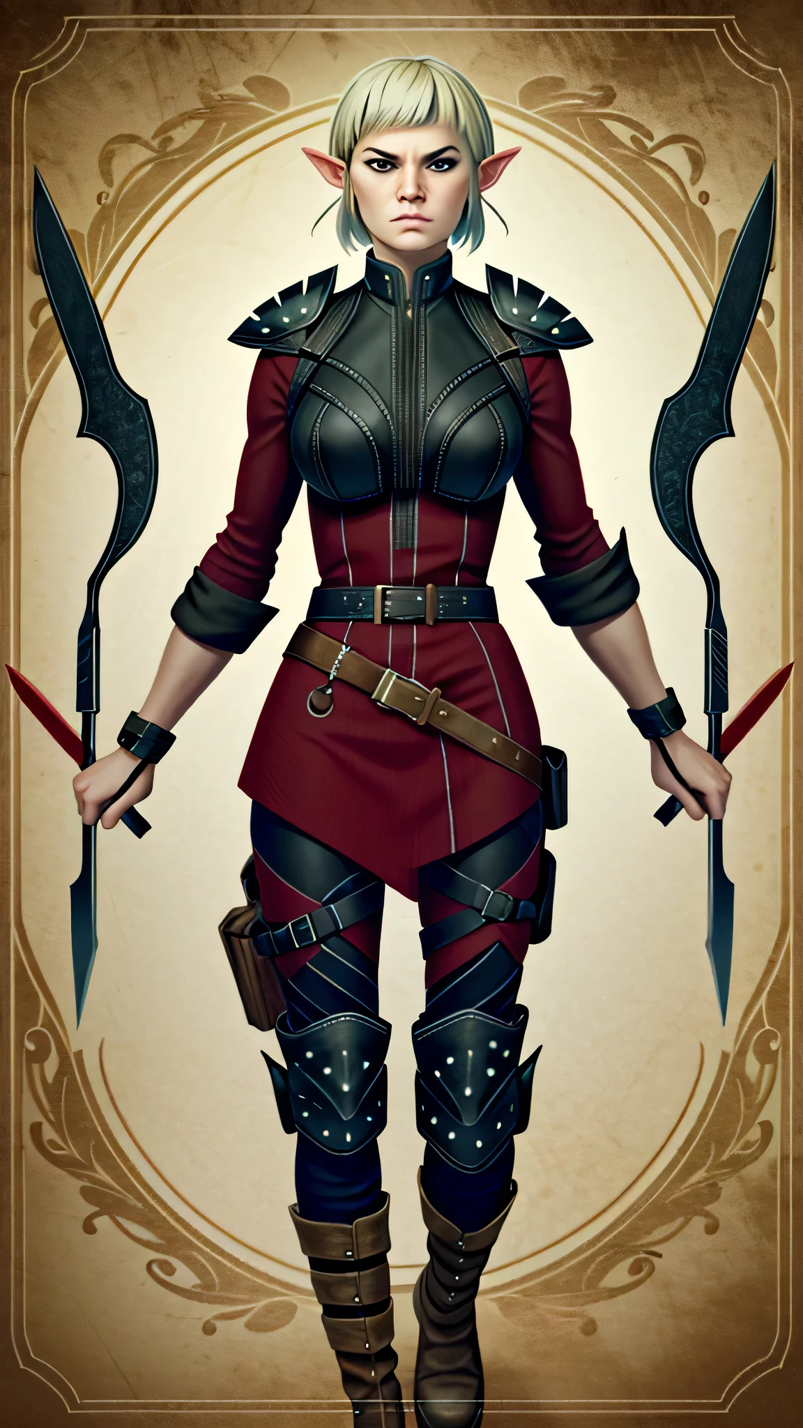 masterpiece, highest quality, RAW, analog style, a stunning photo of a SERA, 1girl, solo, blonde short hair, pointy ears, blue eyes, ((sexy red rogue outfit)), gauntlets, ((wields blades)), (highly detailed skin, skin details), full body view, sharp focus, 8k UHD, DSLR, high quality, film grain, Fujifilm XT3, frowning, intricately detailed, highly detailed, cluttered and detailed background