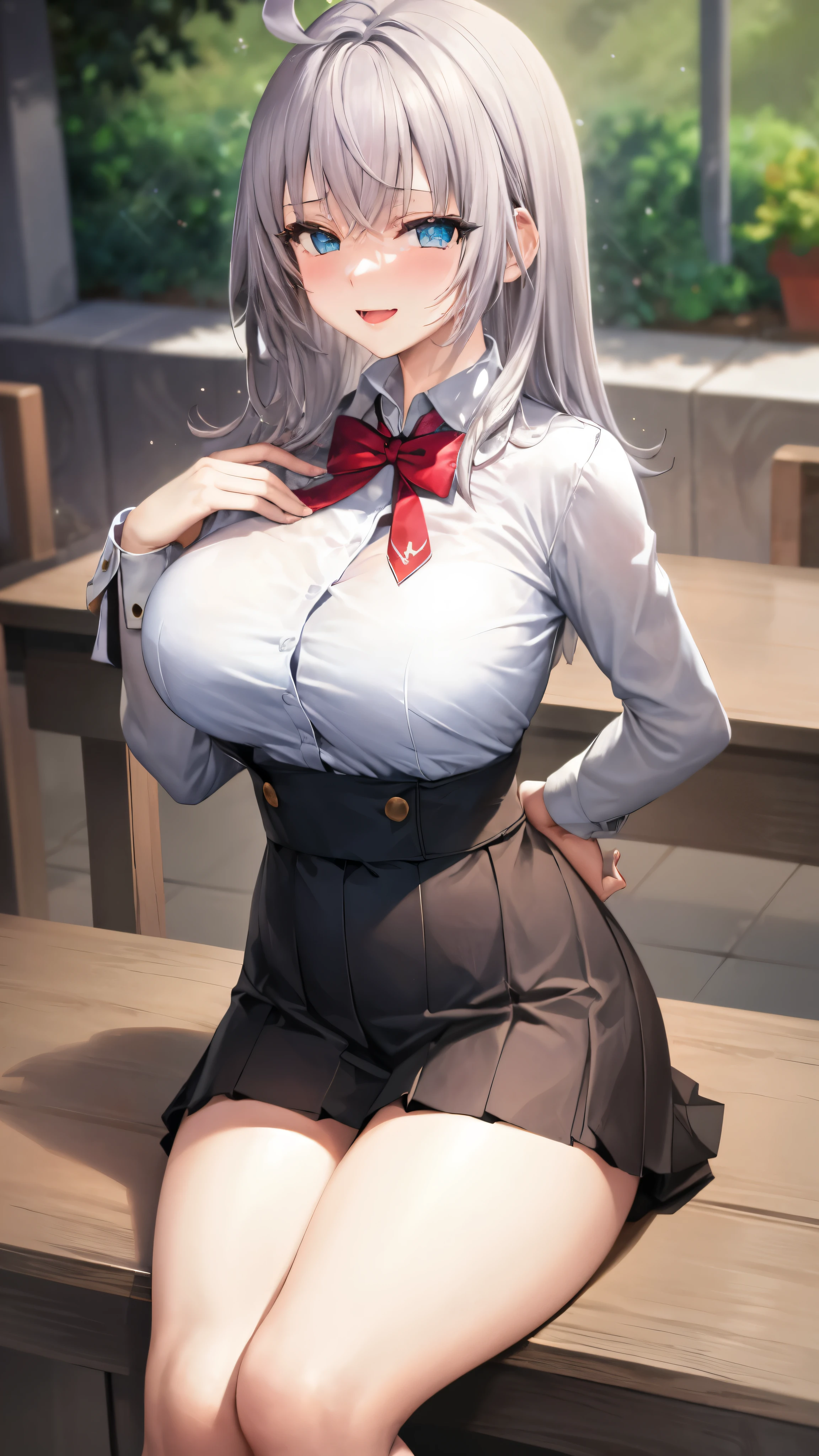 4k, Extremely detailed HD, sparkling white hair, blue eyes, big breasts, big thighs,White shirt, short skirt, sit, look at the viewer, laugh 