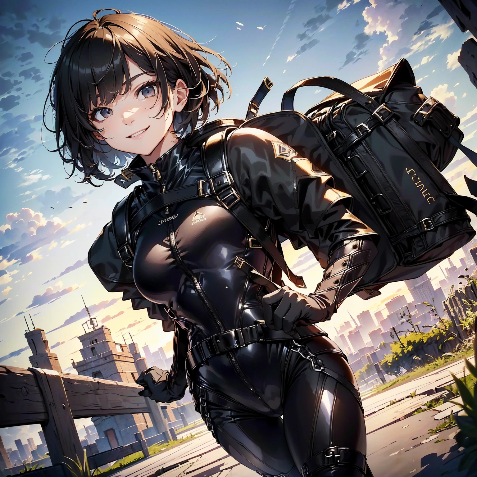 (masterpiece、highest quality、highest resolution、clear_image、detailed details): (whole body、18 year old female fighter,Slender、small face、black super bob short hair、Shiny black tight combat uniform,tight suit、Gentle smile、Backpack)