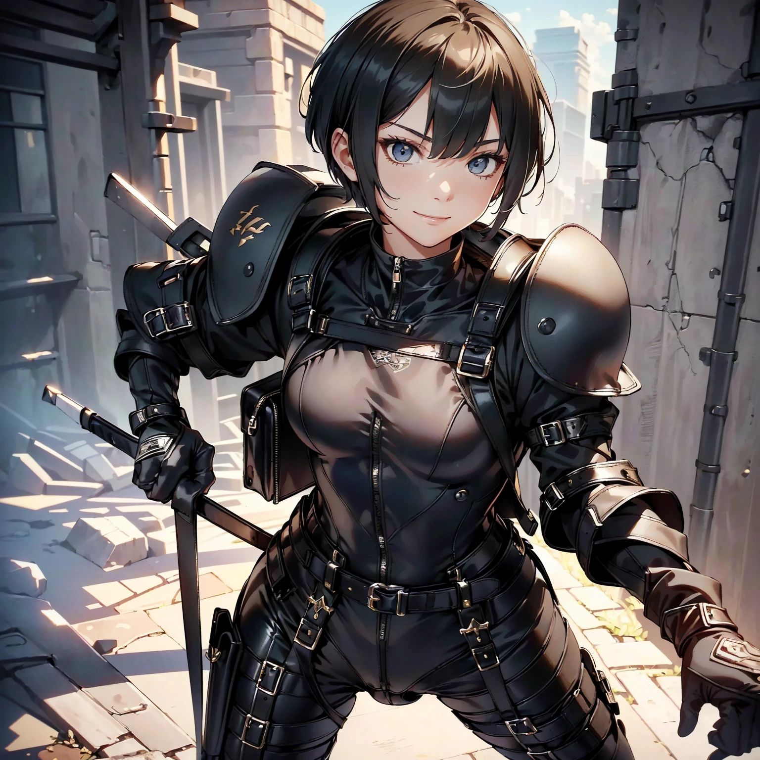 masterpiece, dynamic, detailed diced skin, impressive lighting, black hair, short cuts, big, torn clothing, shy, blush, five fingers, woman, beauty, cute, wet, low angle, no panty,, fluttering clothes, thick thighs, tongue, embarrassing, slimy, armor
