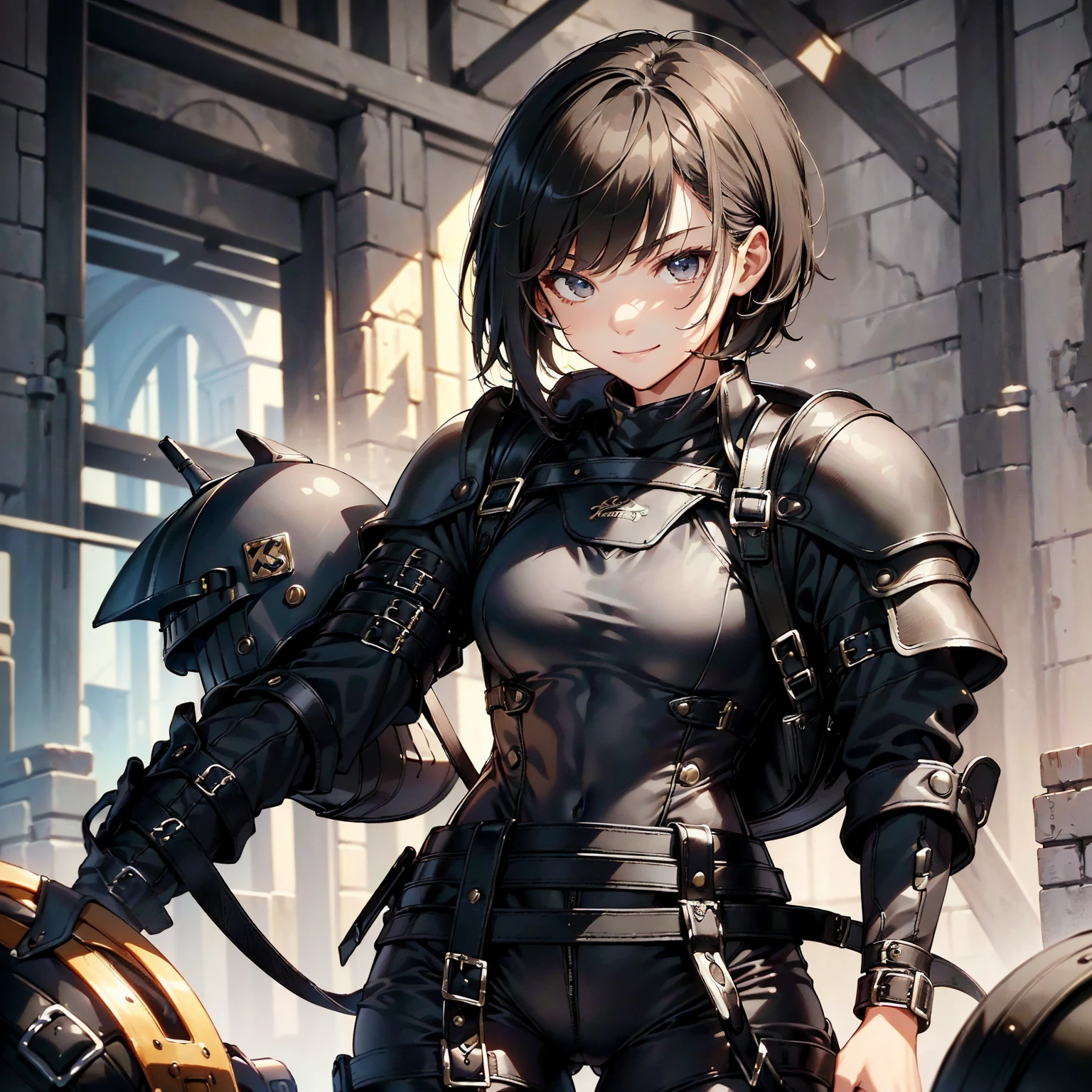(masterpiece、highest quality、highest resolution、clear_image、detailed details): (whole body、18 year old female fighter,Slender、small face、black super bob short hair、Shiny black tight combat uniform,tight suit、Gentle smile、Backpack)