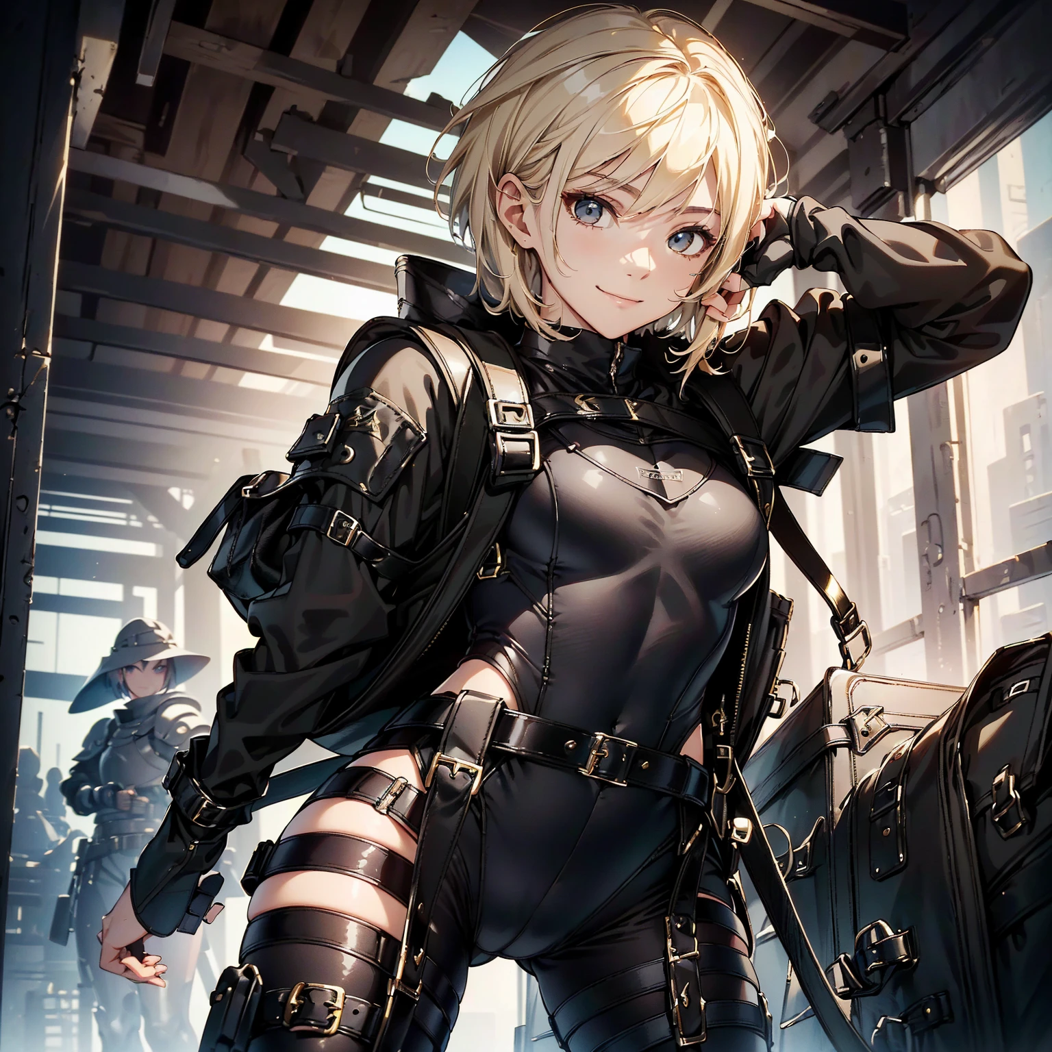 (masterpiece、highest quality、highest resolution、clear_image、detailed details): (whole body、18 year old female fighter,Slender、small face、black super bob short hair、Shiny black tight combat uniform,tight suit、Gentle smile、Backpack)