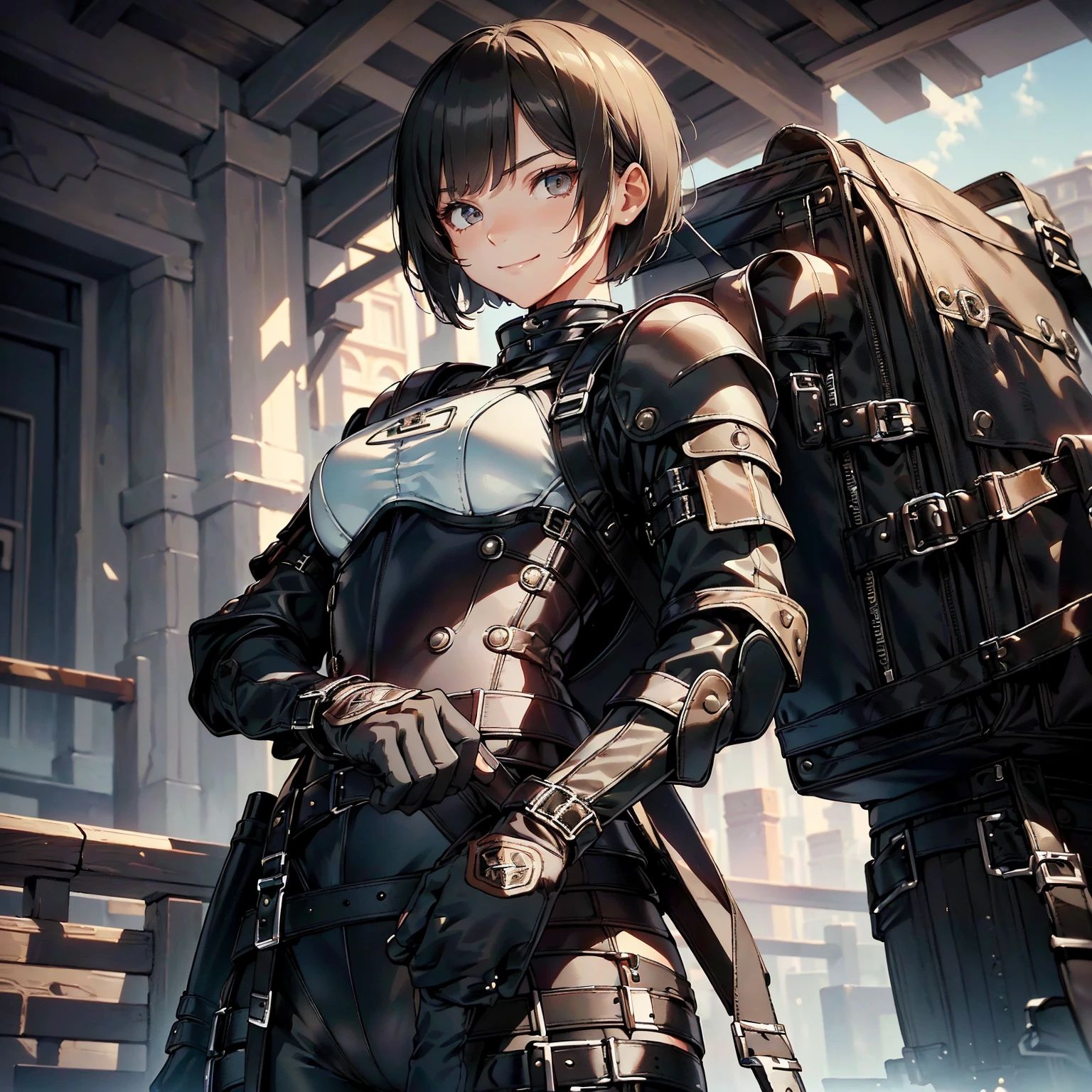 (masterpiece、highest quality、highest resolution、clear_image、detailed details): (whole body、18 year old female fighter,Slender、small face、black super bob short hair、Shiny black tight combat uniform,tight suit、Gentle smile、Backpack)