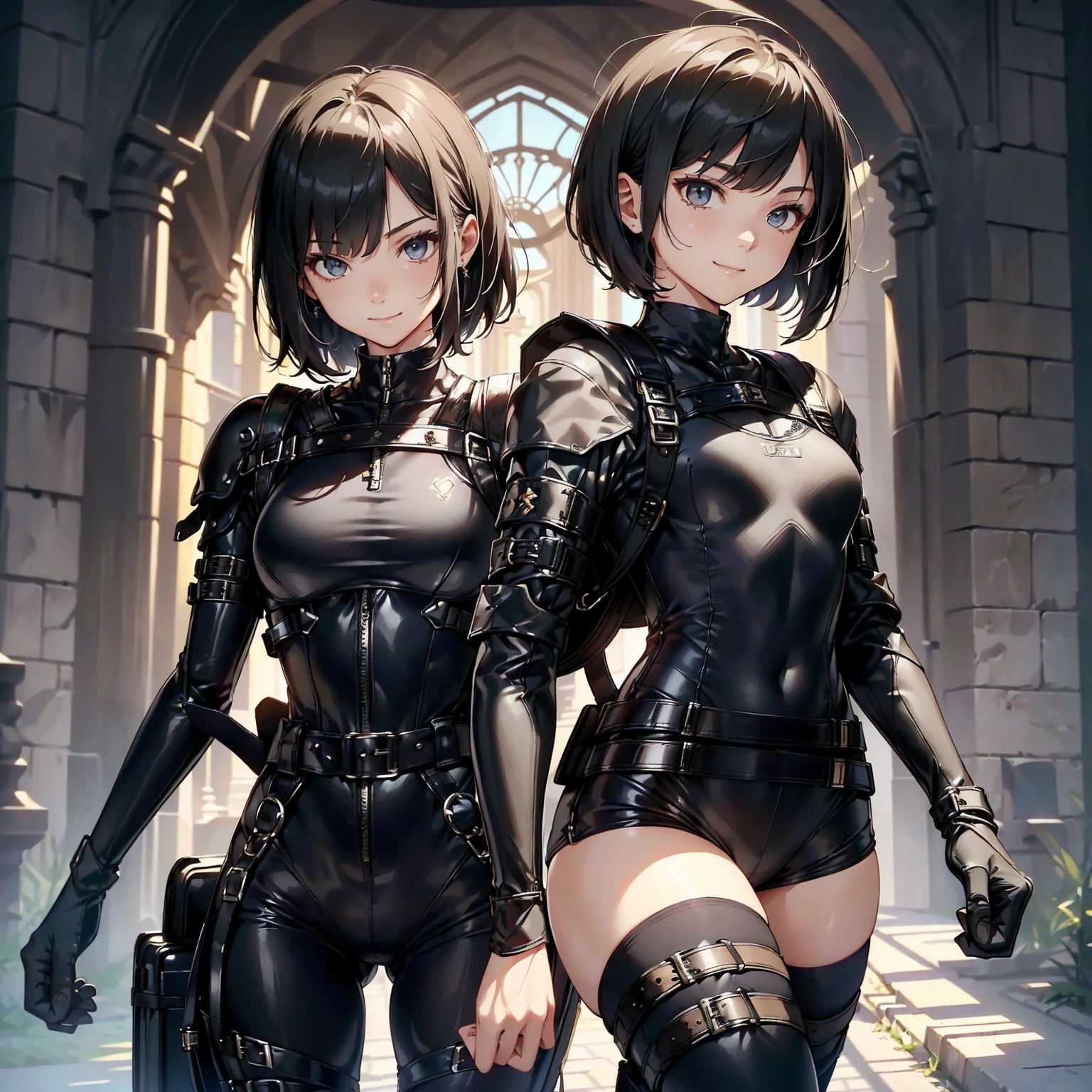 (masterpiece、highest quality、highest resolution、clear_image、detailed details): (whole body、18 year old female fighter,Slender、small face、black super bob short hair、Shiny black tight combat uniform,tight suit、Gentle smile、Backpack)