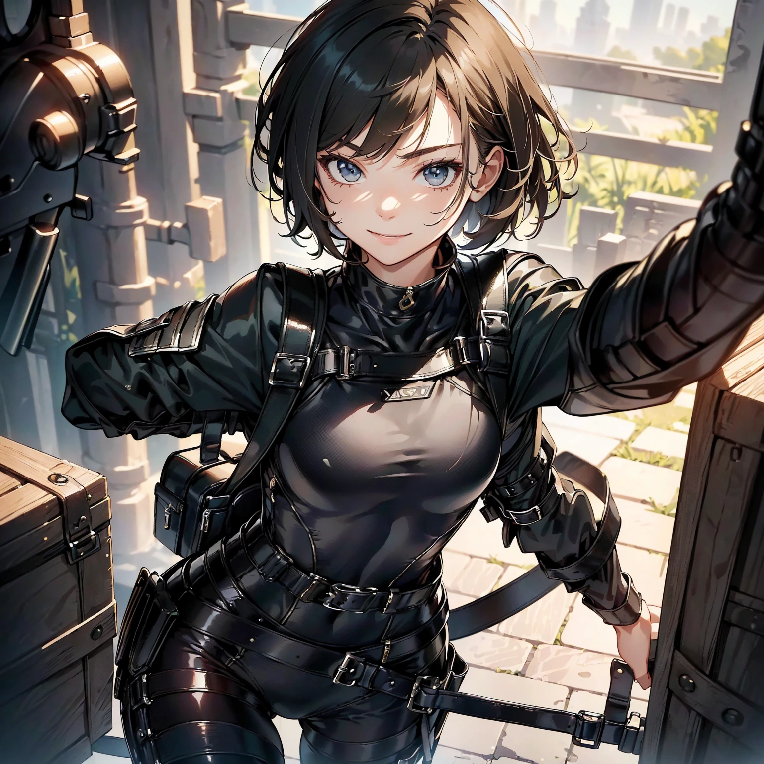 (masterpiece、highest quality、highest resolution、clear_image、detailed details): (whole body、18 year old female fighter,Slender、small face、black super bob short hair、Shiny black tight combat uniform,tight suit、Gentle smile、Backpack)
