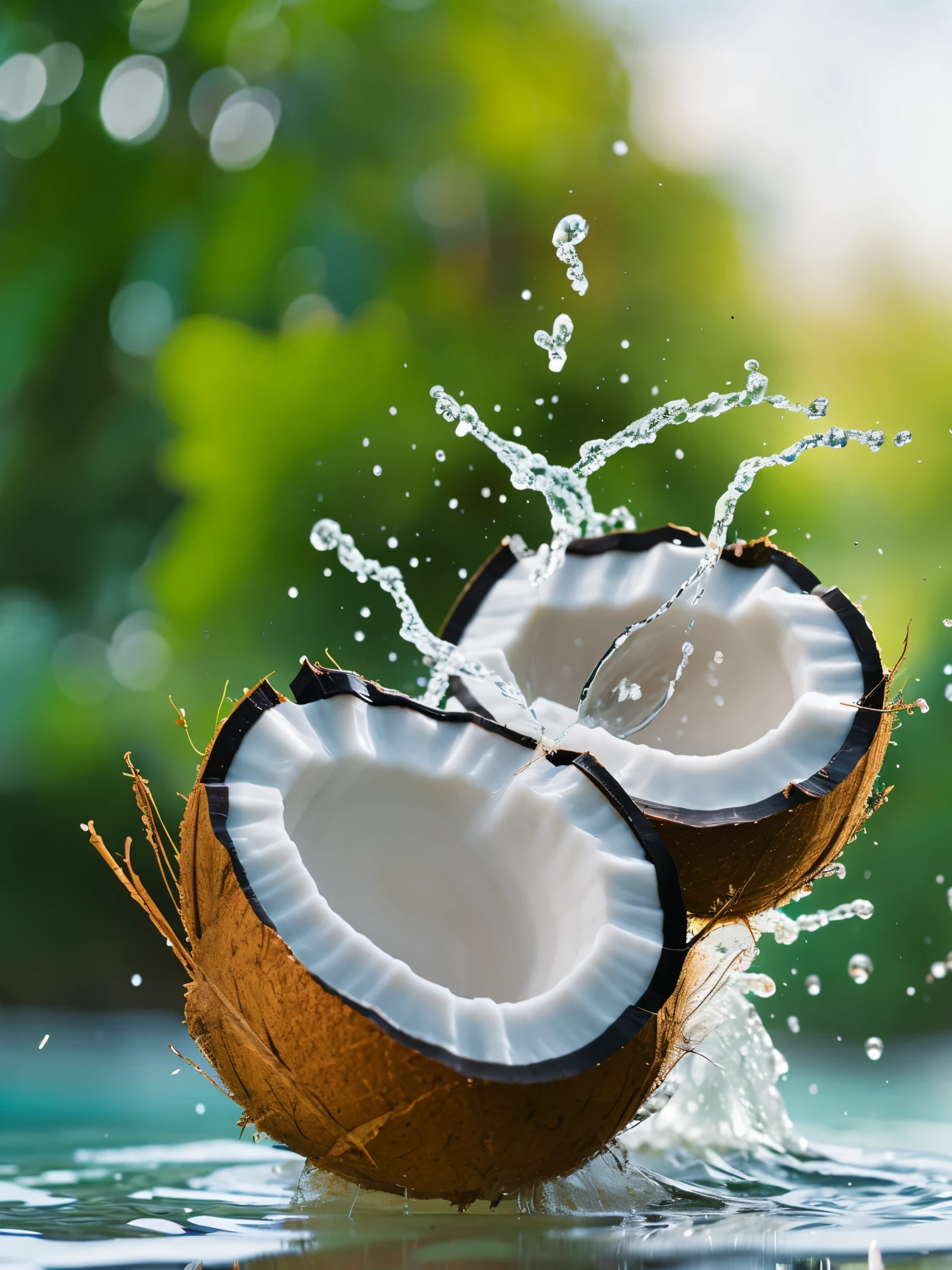 coconut, splash water, flashing particles , depth of field, clean background