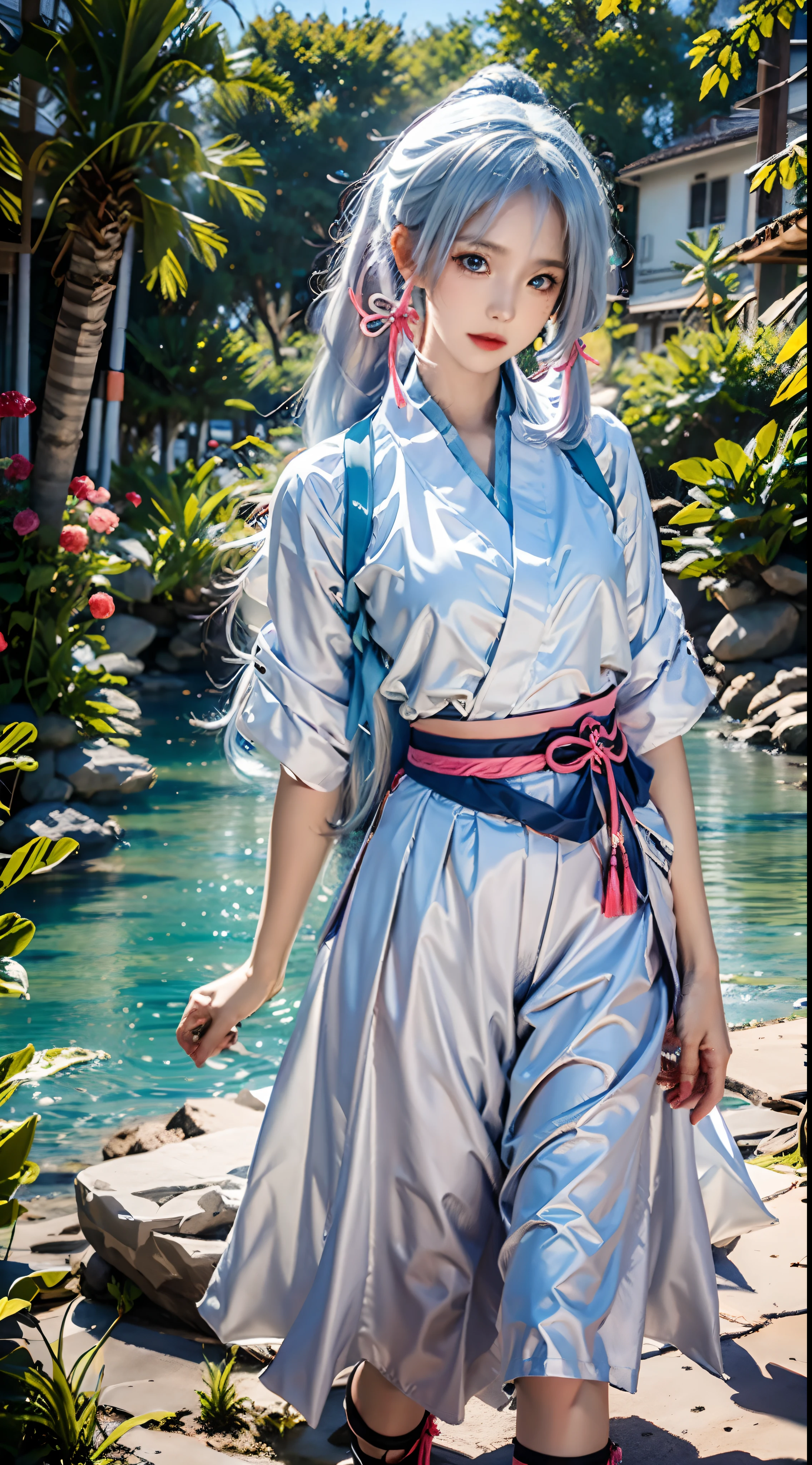 lifelike, high resolution, soft light, 1 female, alone, Buttocks up, blue eyes, long white hair, ponytail, pink hairband, Bangs, White shirt, Blue hakama dress, ability, outdoor, garden, lake, grassland, Mountain, flowers, Sunlight