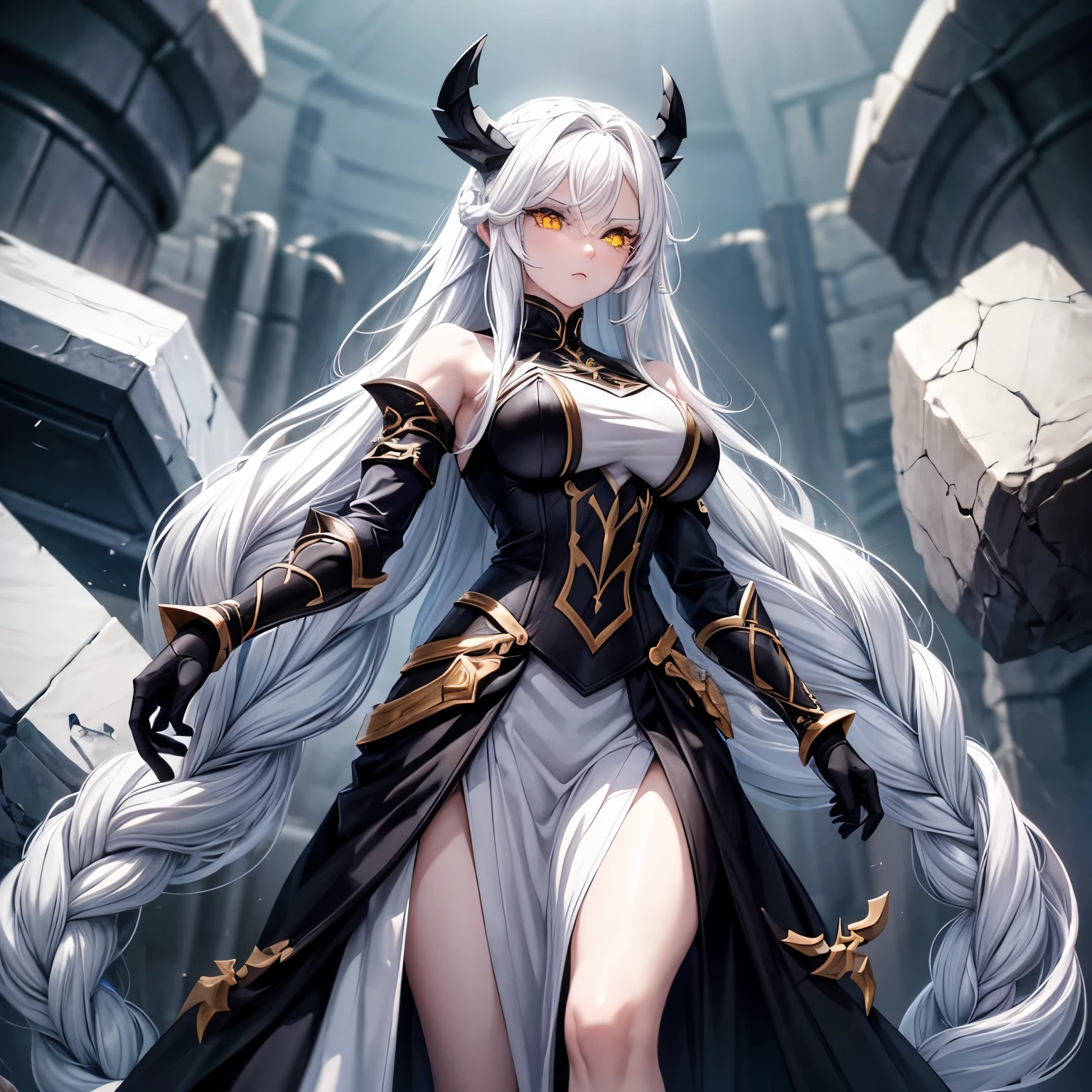 Female kor dnd, long white hair that is braided, 5'10inches tall, athletic body built, full civering assasin black colored outfit, pale yellow eyes, gray skin color