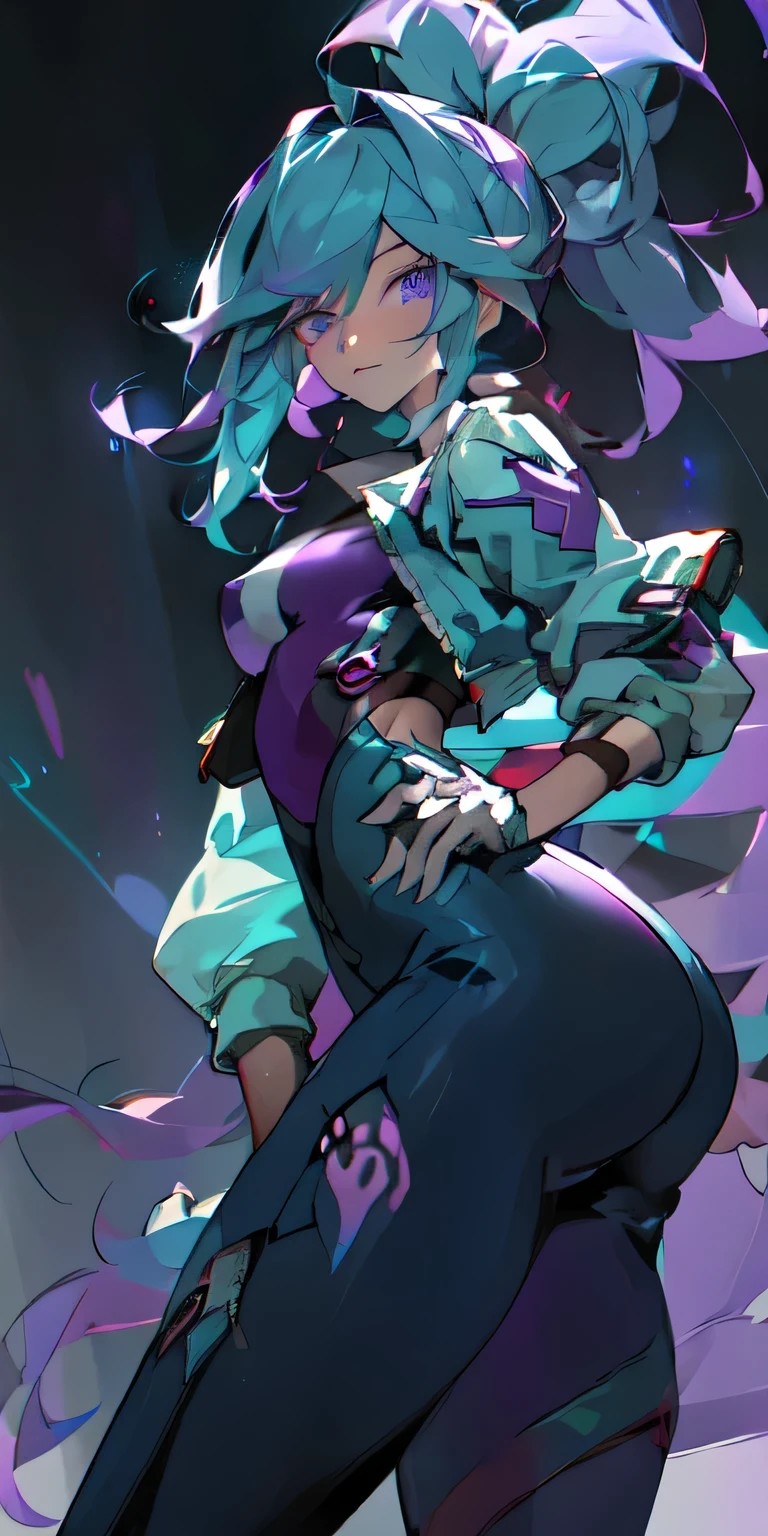 create a png of a female Pokémon trainer character based on Pokémon, personagem adulto Skylar, exuding confidence, shows a sophisticated presence with its medium height and cyber blue, cabelo longo. Violet eyes convey keen intelligence. Adorned in a holographic jacket, smart fabric pants, and leather boots reinforced with metal plates, Skylar projects power and intrigue into the futuristic landscape of Neon City.
