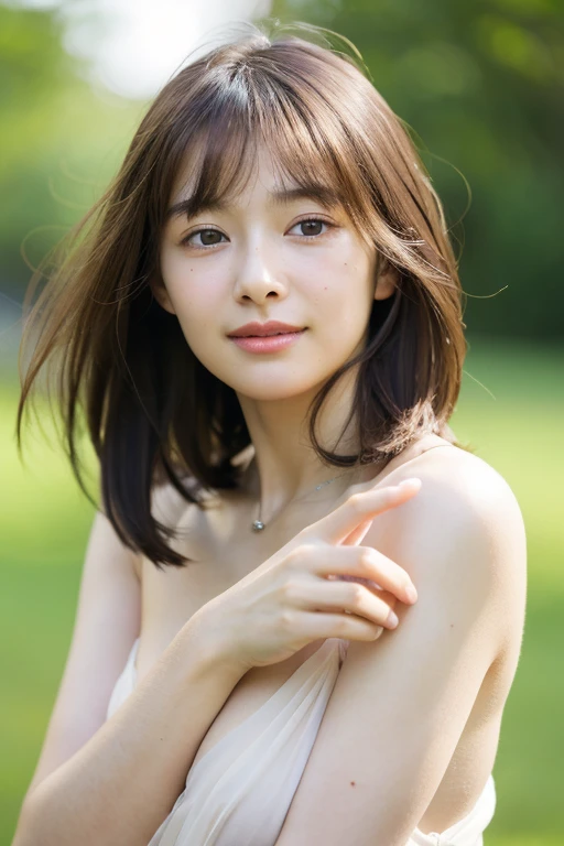 (RAW photo, highest quality), naked, Sheer Dress, tight waist、necklace, 、very delicate and beautiful, soft light, (brown hair, short hair swaying in the wind, bangs), beautiful detailed girl, (finger details), highly detailed eyes and face, beautifully detailed nose, beautiful and detailed eyes, 1 girl, Japanese, Neat beauty, cute, young, smile, , (medium breasts), realistic face, realistic body, naked, The hair on the skin shines、rough skin、mole on face and chest、A piece swaying in the wind、stare at the camera、tight waist、garden、Bokeh 