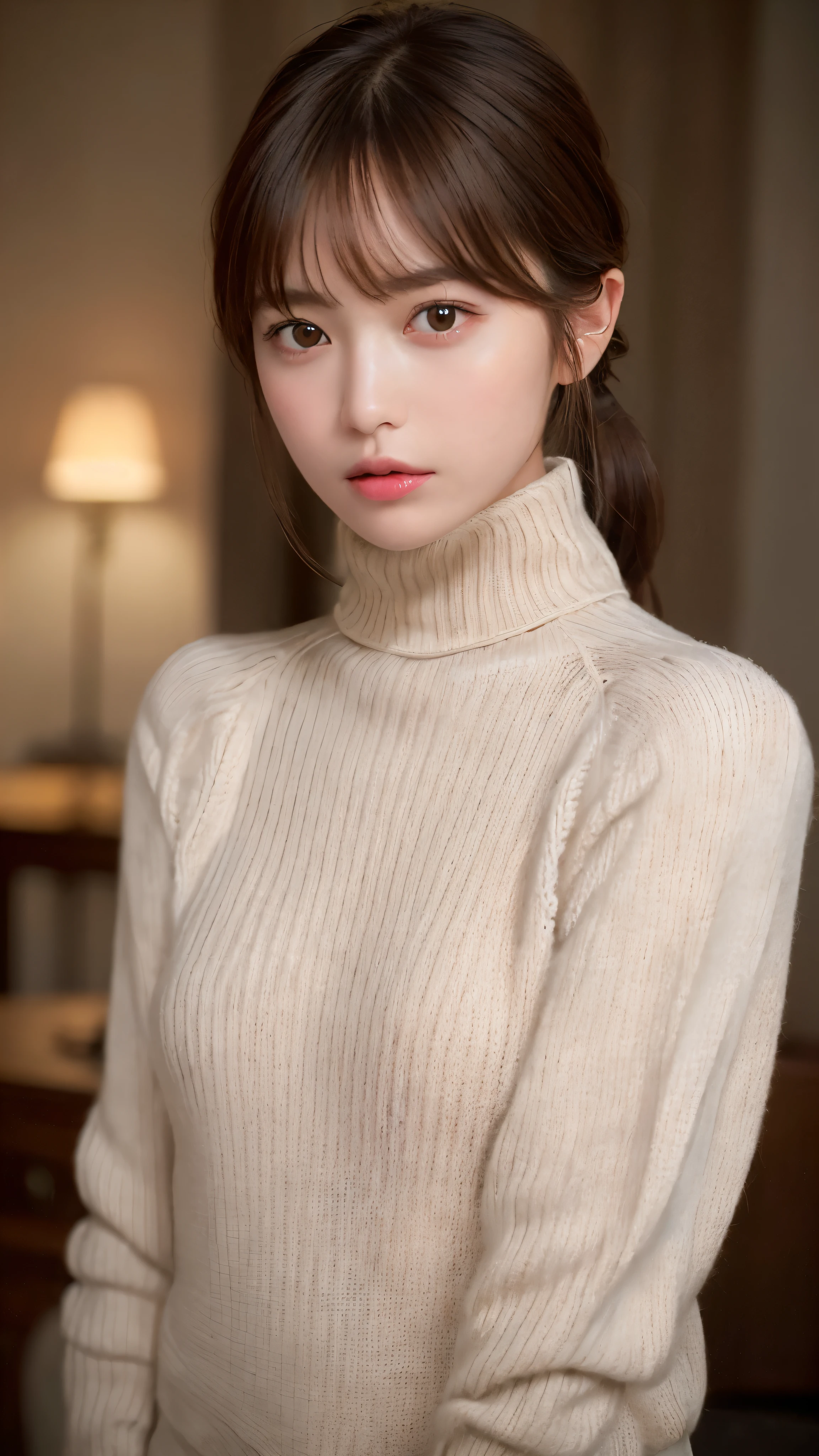 ((NSFW))、(masterpiece:1.5)、(realistic:1.5)、(highest quality:1.4、8K、RAW photo）、
ultra high resolution、professional lighting、perfect dynamic composition、Shot indoors、Photograph the upper body、
film grain、chromatic aberration、(Bokeh:1.1)、
Frank、Sophisticated、charm、超realistic、high detail、golden ratio、
(1 girl)、slender girl、繊細でcharm女の子、cute woman:1.4、
serious expression、looking at the viewer、
light brown hair、shining hair、Hair style is ponytail、
skin that looks real、
close your mouth、fine eyes、double eyelid、thin arms、、
(Knitted sweater with turtleneck:1.5)