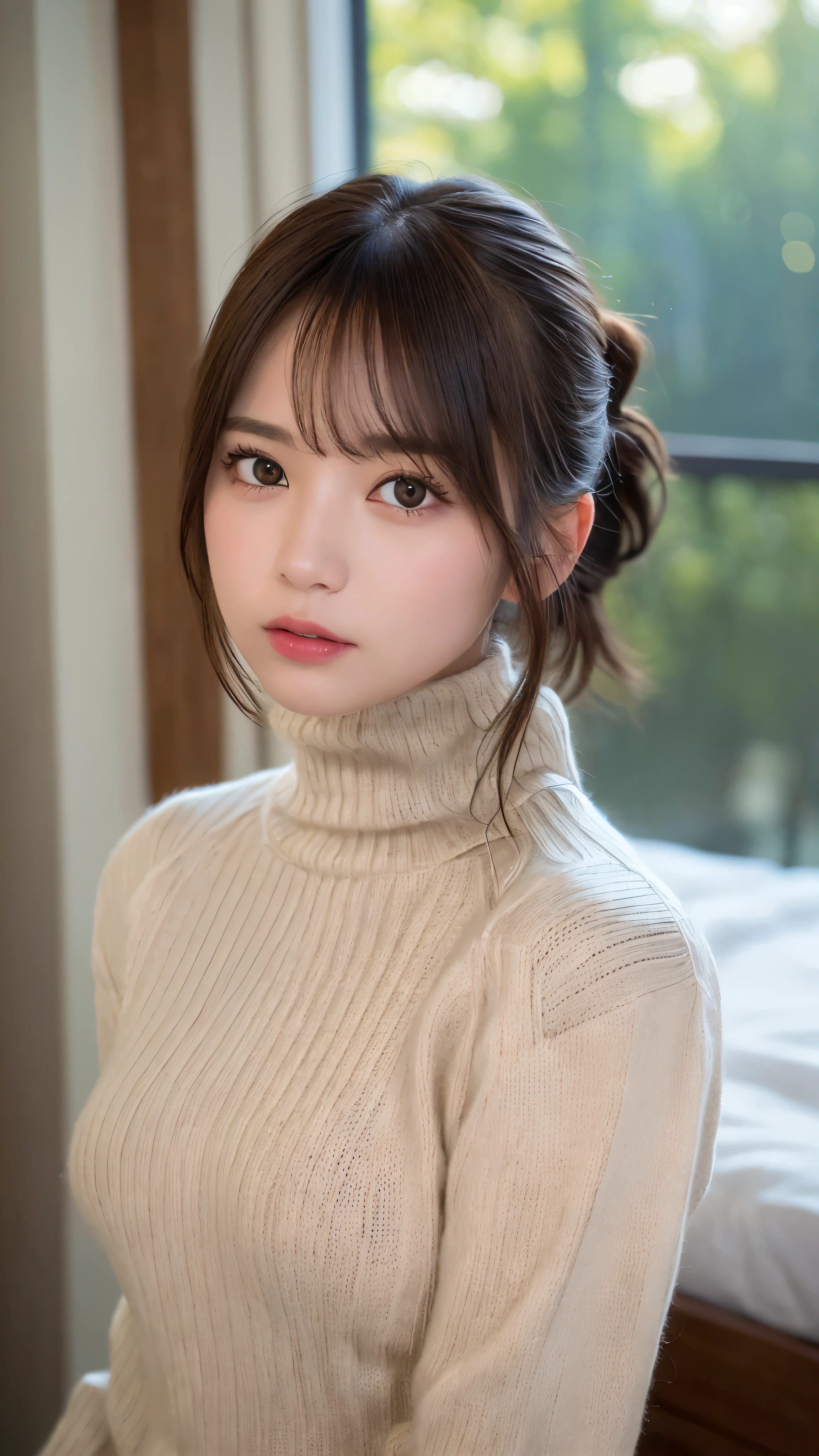 ((NSFW))、(masterpiece:1.5)、(realistic:1.5)、(highest quality:1.4、8K、RAW photo）、
ultra high resolution、professional lighting、perfect dynamic composition、Shot indoors、Photograph the upper body、
film grain、chromatic aberration、(Bokeh:1.1)、
Frank、Sophisticated、charm、超realistic、high detail、golden ratio、
(1 girl)、slender girl、繊細でcharm女の子、cute woman:1.4、
serious expression、looking at the viewer、sitting on the bed、
light brown hair、shining hair、Hair style is ponytail、
skin that looks real、
close your mouth、fine eyes、double eyelid、thin arms、、
(Knitted sweater with turtleneck:1.5)