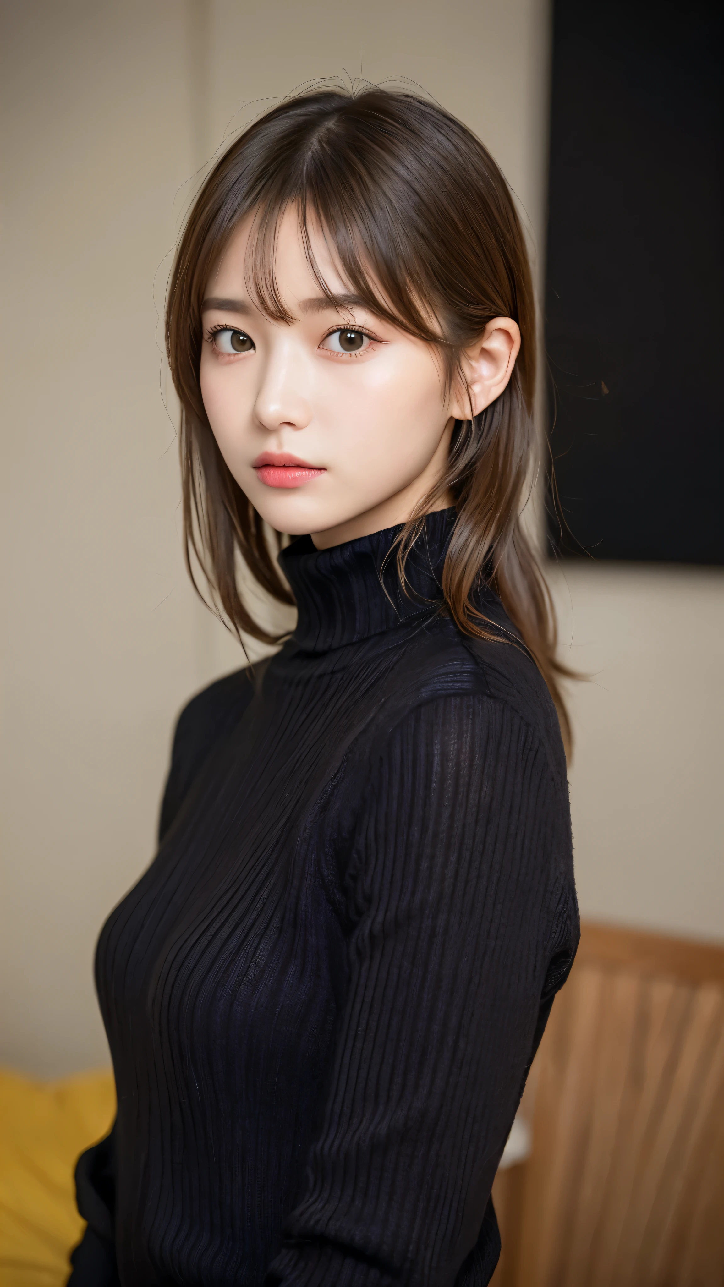 ((NSFW))、(masterpiece:1.5)、(realistic:1.5)、(highest quality:1.4、8K、RAW photo）、
ultra high resolution、professional lighting、perfect dynamic composition、Shot indoors、Photograph the upper body、
film grain、chromatic aberration、(Bokeh:1.1)、
Frank、Sophisticated、charm、超realistic、high detail、golden ratio、
(1 girl)、slender girl、繊細でcharm女の子、cute woman:1.4、
serious expression、looking at the viewer、sitting on the bed、
light brown hair、shining hair、Hair style is ponytail、
skin that looks real、
close your mouth、fine eyes、double eyelid、thin arms、、
(Pair a black knit sweater with a turtleneck:1.5)