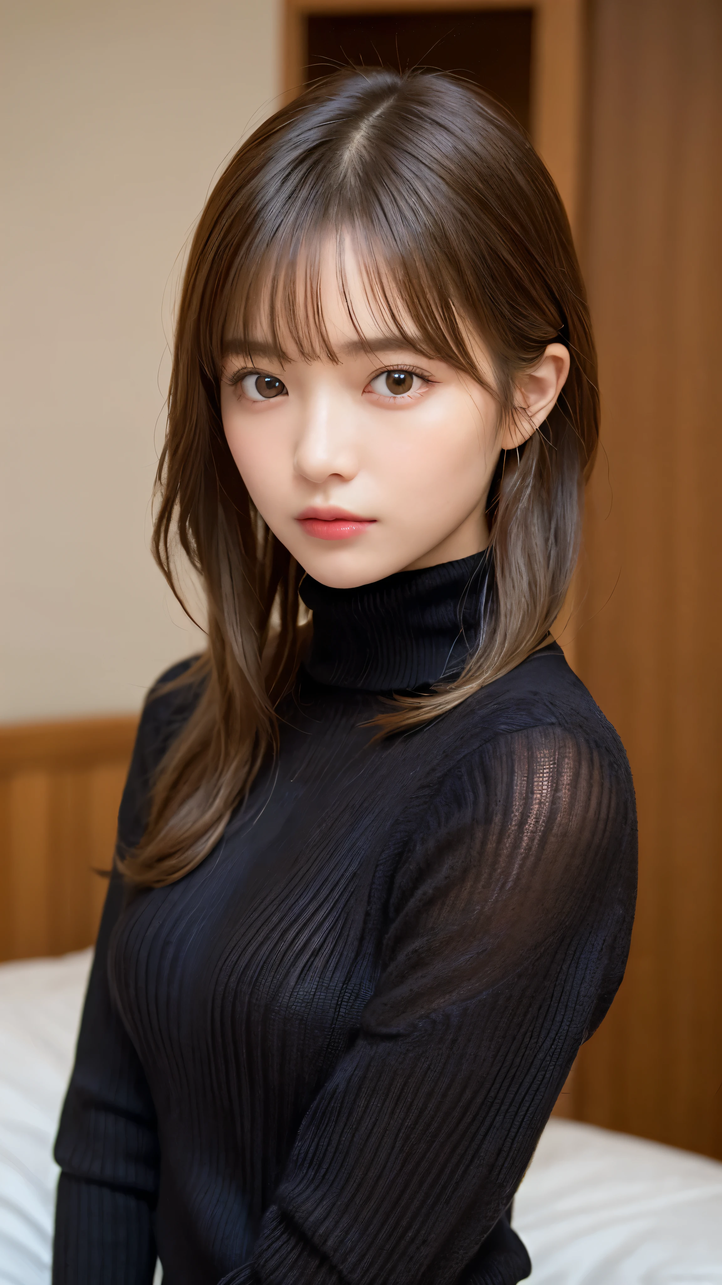 ((NSFW))、(masterpiece:1.5)、(realistic:1.5)、(highest quality:1.4、8K、RAW photo)、
ultra high resolution、professional lighting、perfect dynamic composition、Shot indoors、Photograph the upper body、
film grain、chromatic aberration、(Bokeh:1.1)、
Frank、Sophisticated、charm、超realistic、high detail、golden ratio、
(1 girl)、slender girl、繊細でcharm女の子、cute woman:1.4、
serious expression、looking at the viewer、sitting on the bed、
light brown hair、shining hair、Hair style is ponytail、
skin that looks real、
close your mouth、fine eyes、double eyelid、thin arms、、
(Pair a black knit sweater with a turtleneck:1.5)